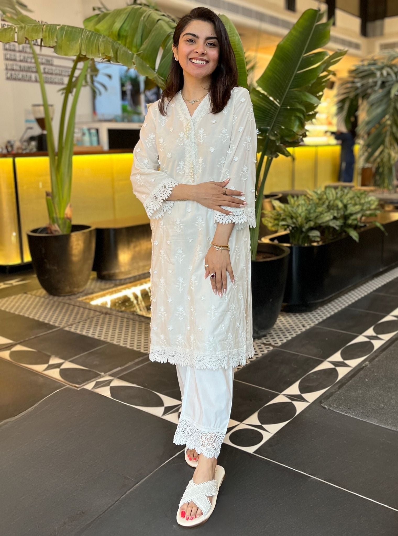 Nelea Supima Cotton Off White Kurta With Floral Chemical Lace Pant