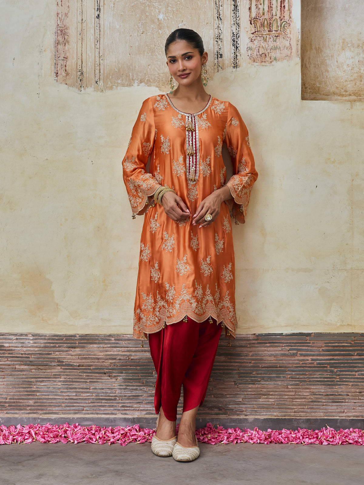 Saazni Cupro Satin Orange Kurta with Red Dhoti Pants