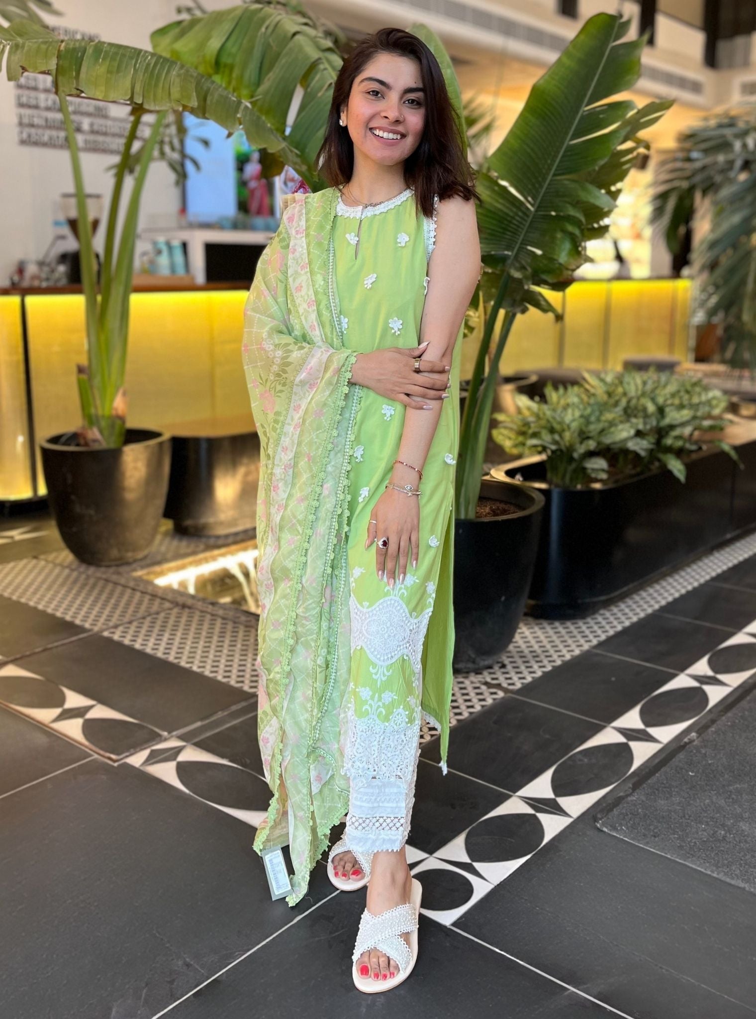 Mulmul Cotton Paradise Lime Kurta With Mulmul Cotton Floral Ladder Slim White Pant
