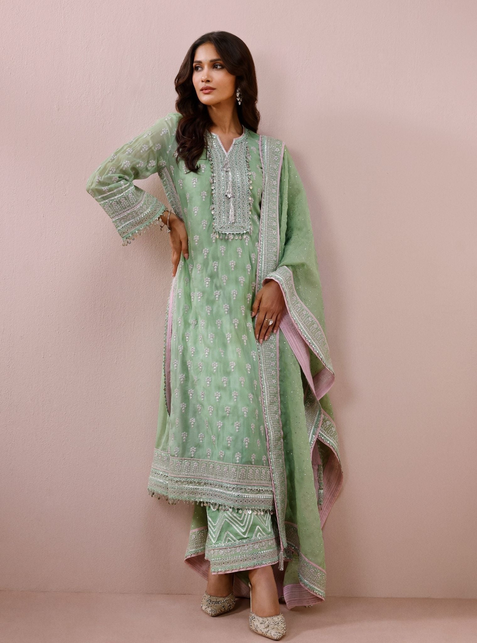Mevi Organza Pista Green Long Kurta Set