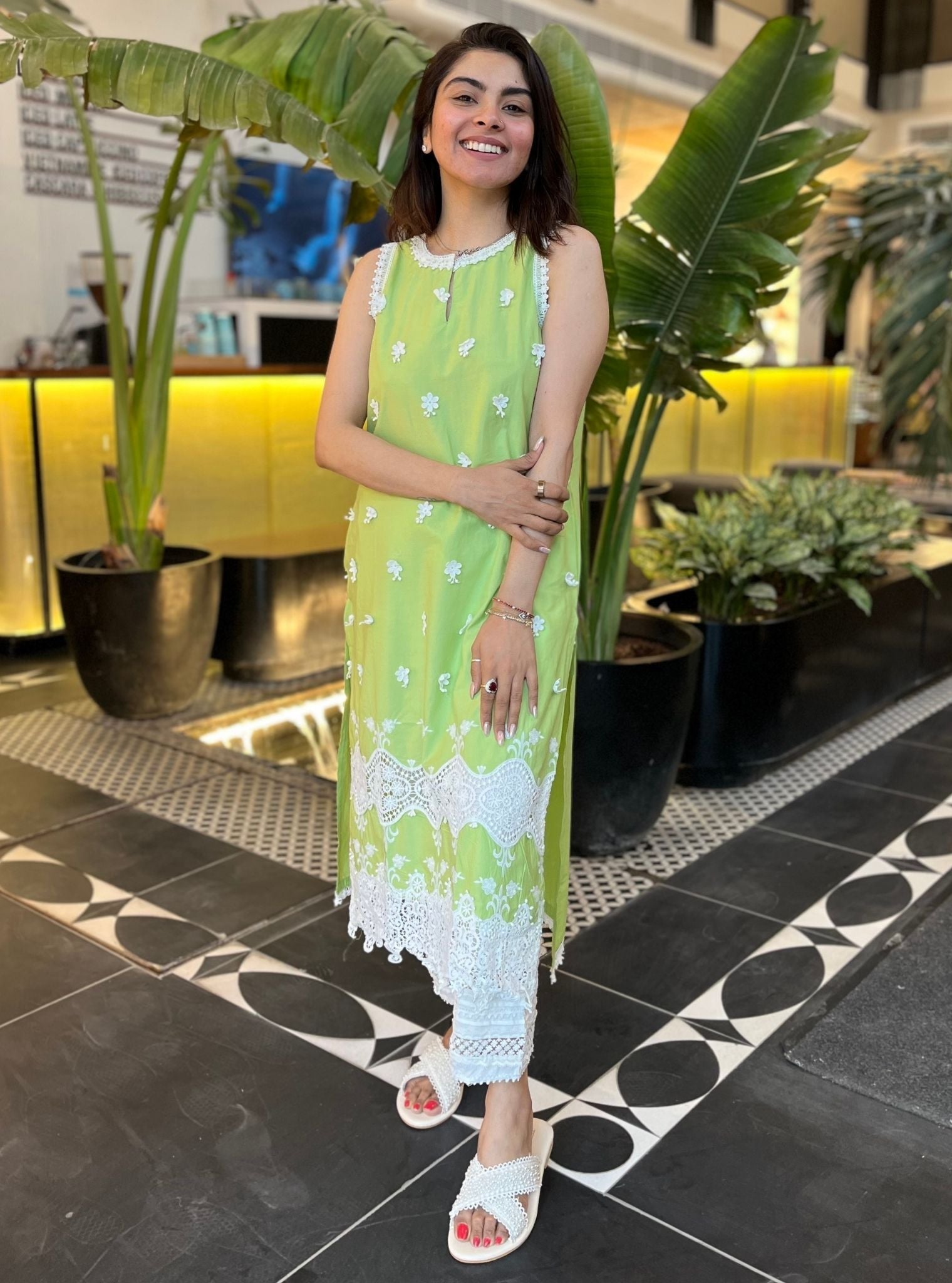 Mulmul Cotton Paradise Lime Kurta With Mulmul Cotton Floral Ladder Slim White Pant