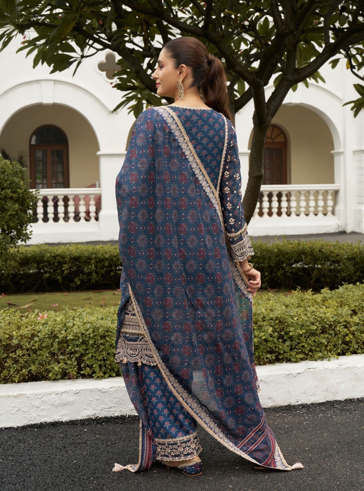 Jhoomar Viscose Glass Organza Navy Ajrakh Print Kurta Set