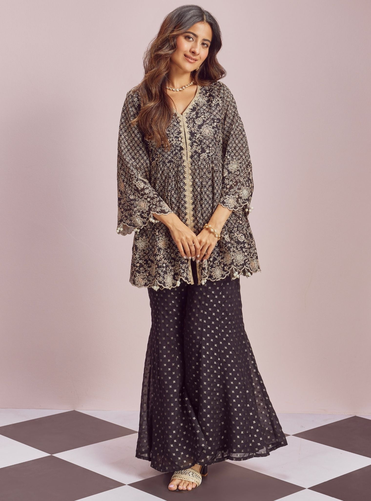 Mulmul Banarsi Ghunghroo Black Top With Mulmul Banarsi Ghunghroo Black Sharara