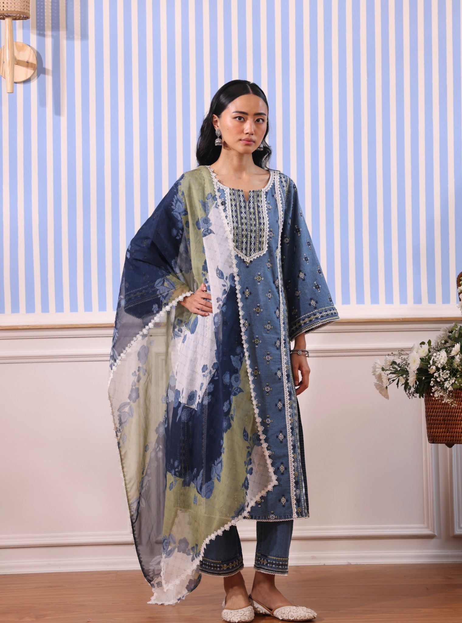 Mulmul Odette Denim Kurta With Mulmul Odette Denim Pant