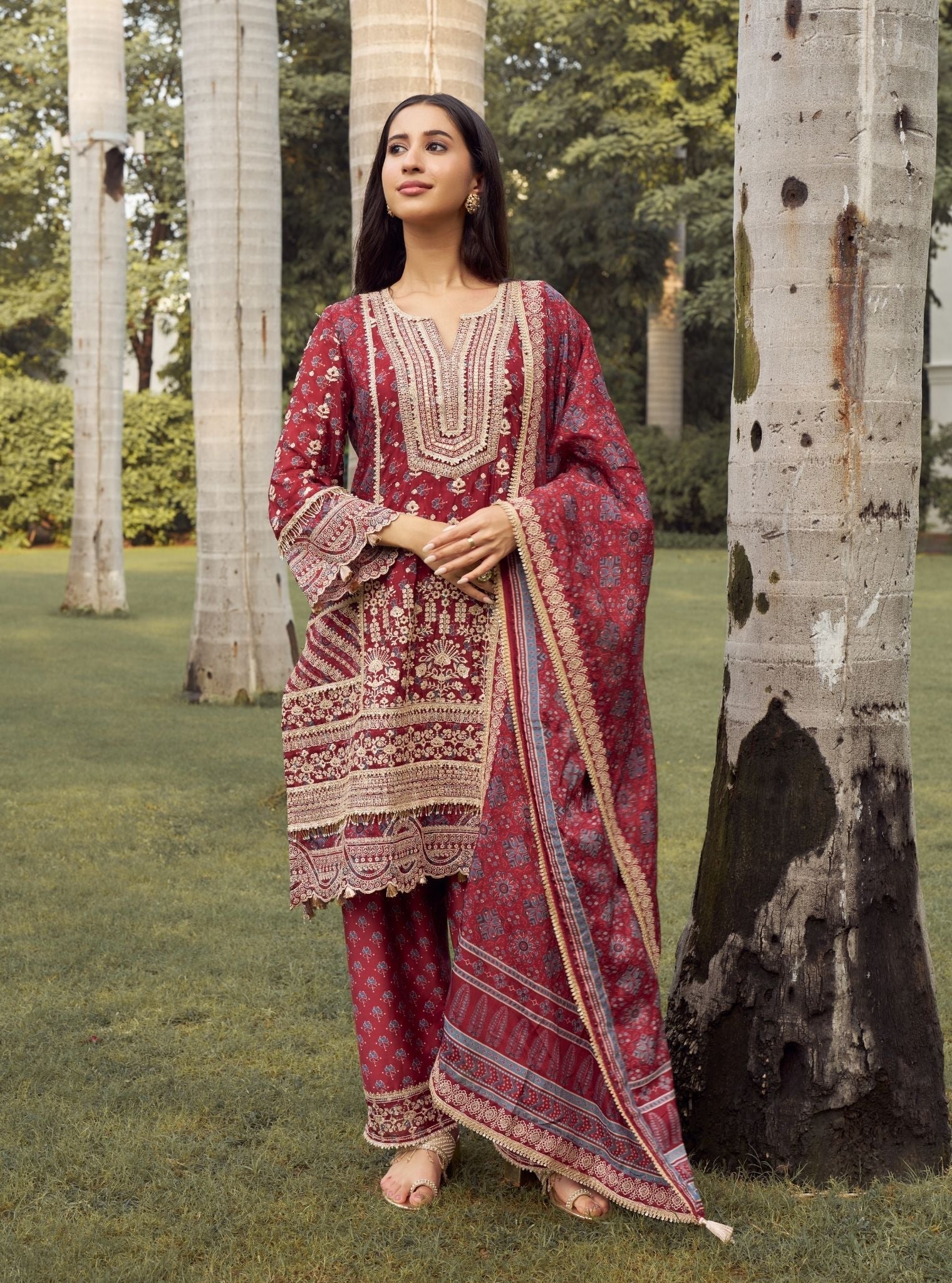 Jhoomar Viscose Glass Organza Red Ajrakh Print Kurta Set