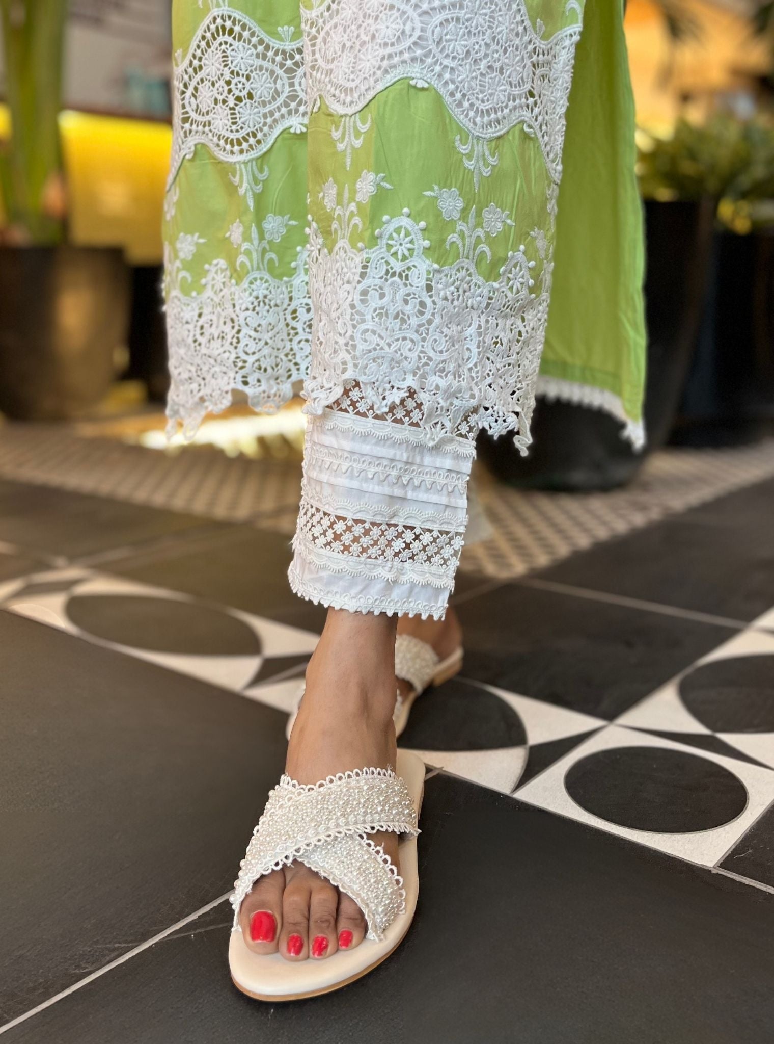 Mulmul Cotton Paradise Lime Kurta With Mulmul Cotton Floral Ladder Slim White Pant