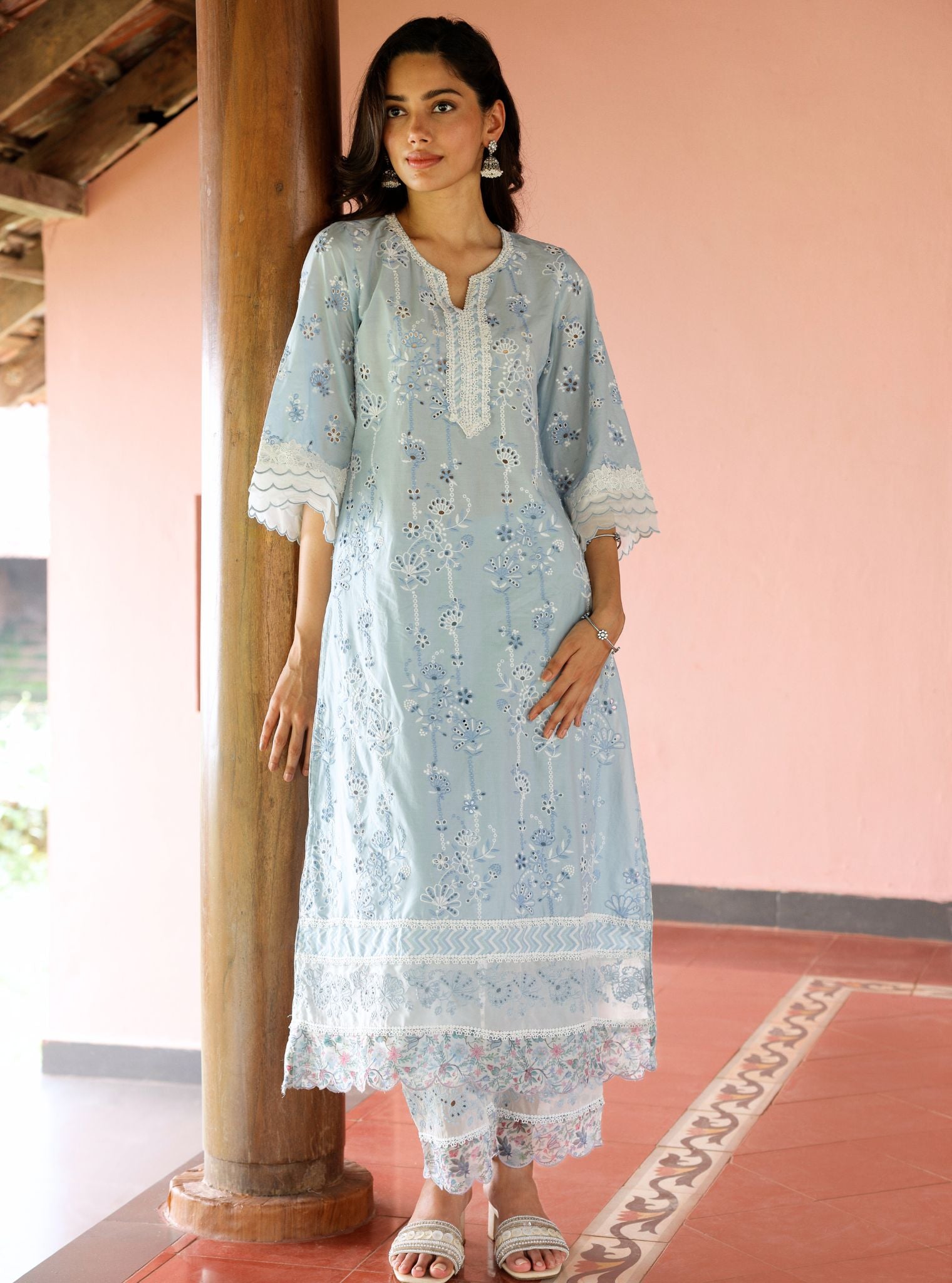 Mulmul Cotton Nair Light Blue Kurta With Mulmul Cotton Nair Light Blue Pant