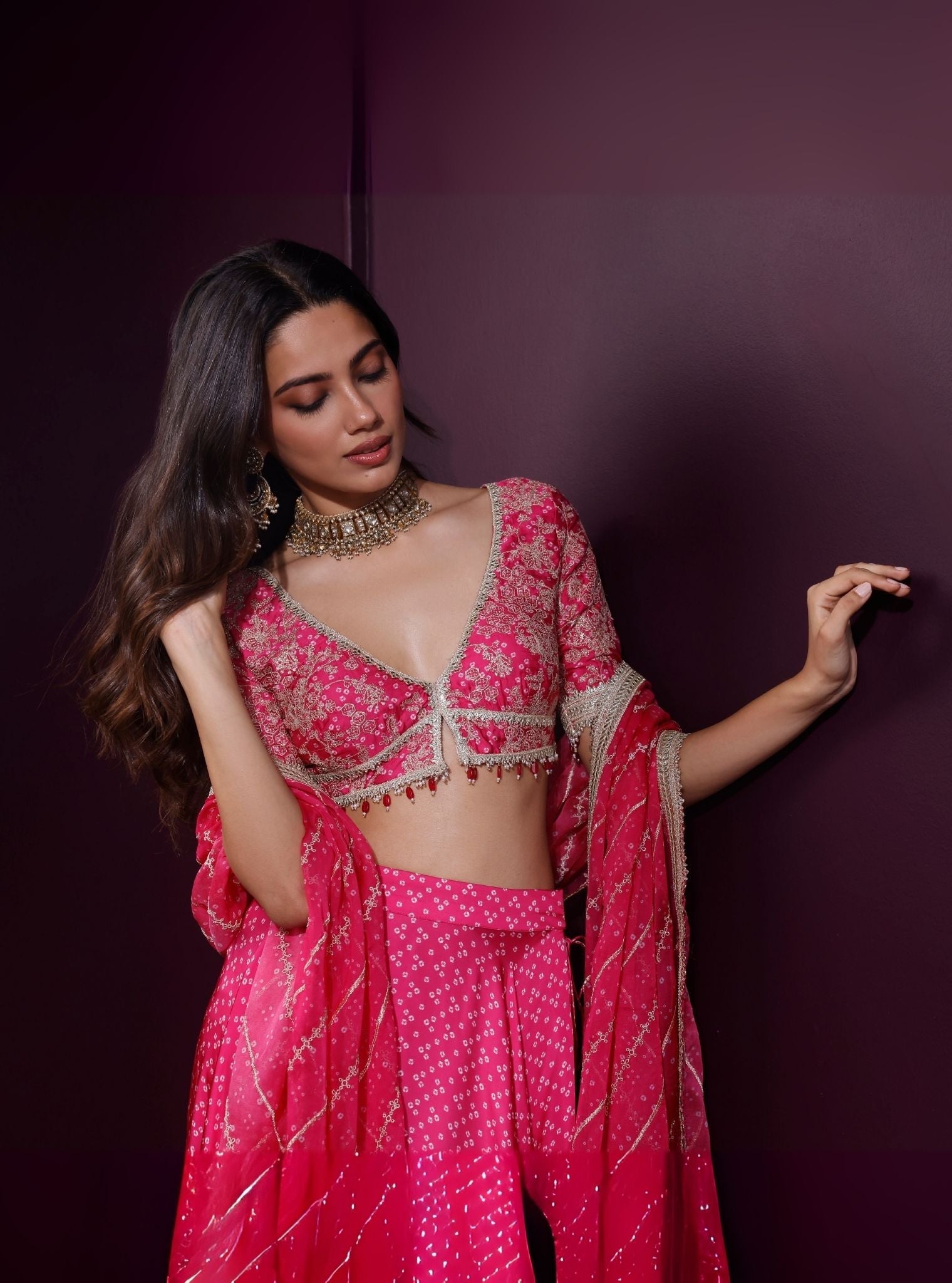 Kuni Cupro Satin Printed Fuschia Skirt