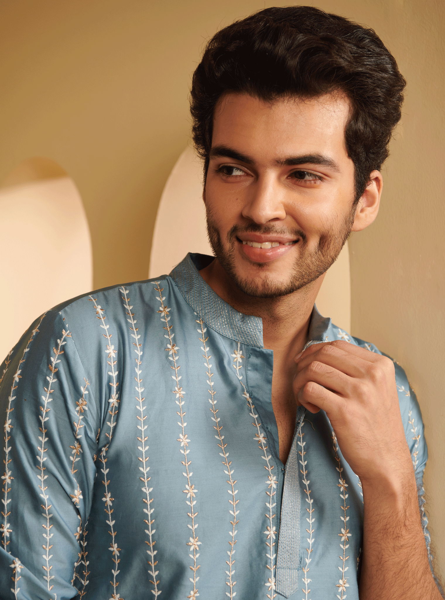 Mulmul Pima Satin Sol Denim Kurta With Mulmul Supima Cotton Sol White Pyajama