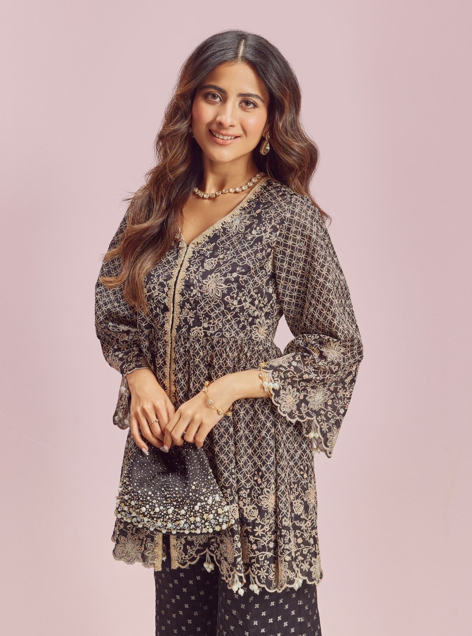Mulmul Banarsi Ghunghroo Black Top With Mulmul Banarsi Ghunghroo Black Sharara