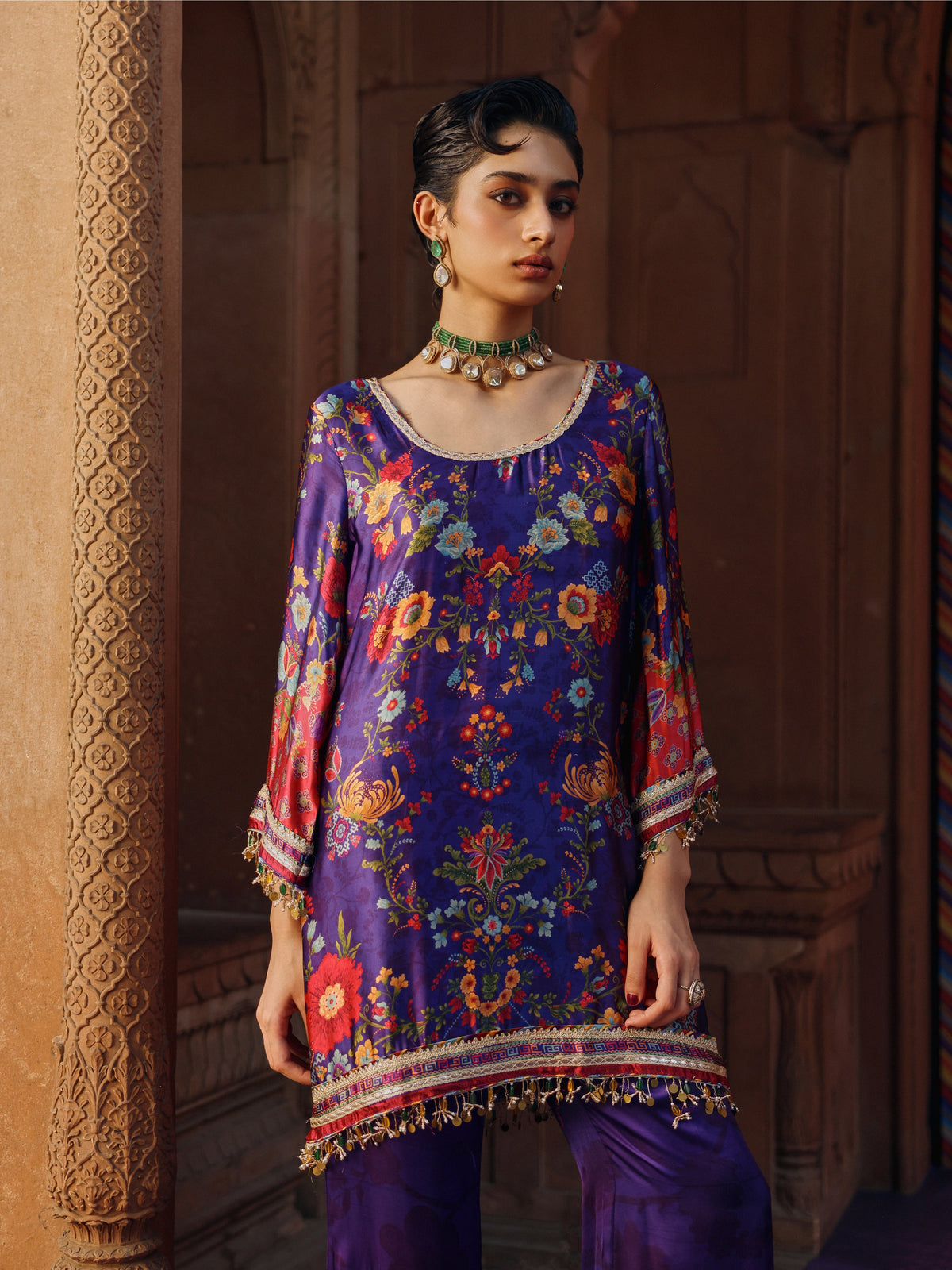 Gheva Cupro Satin Printed Purple Kurta Set