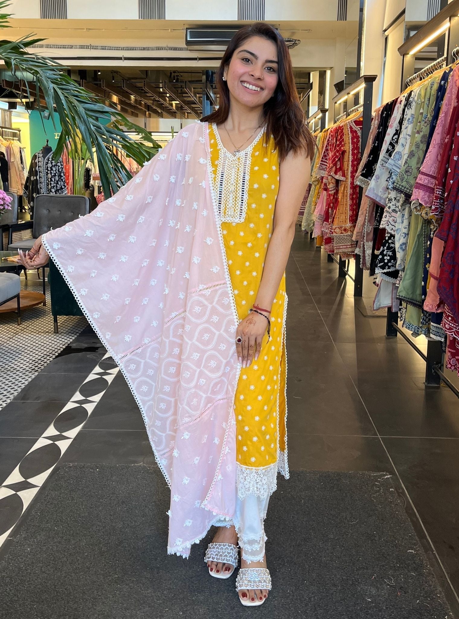 Mulmul Pima Paulie Yellow Kurta With Mulmul Cotton Rounded Hem White Pyajama
