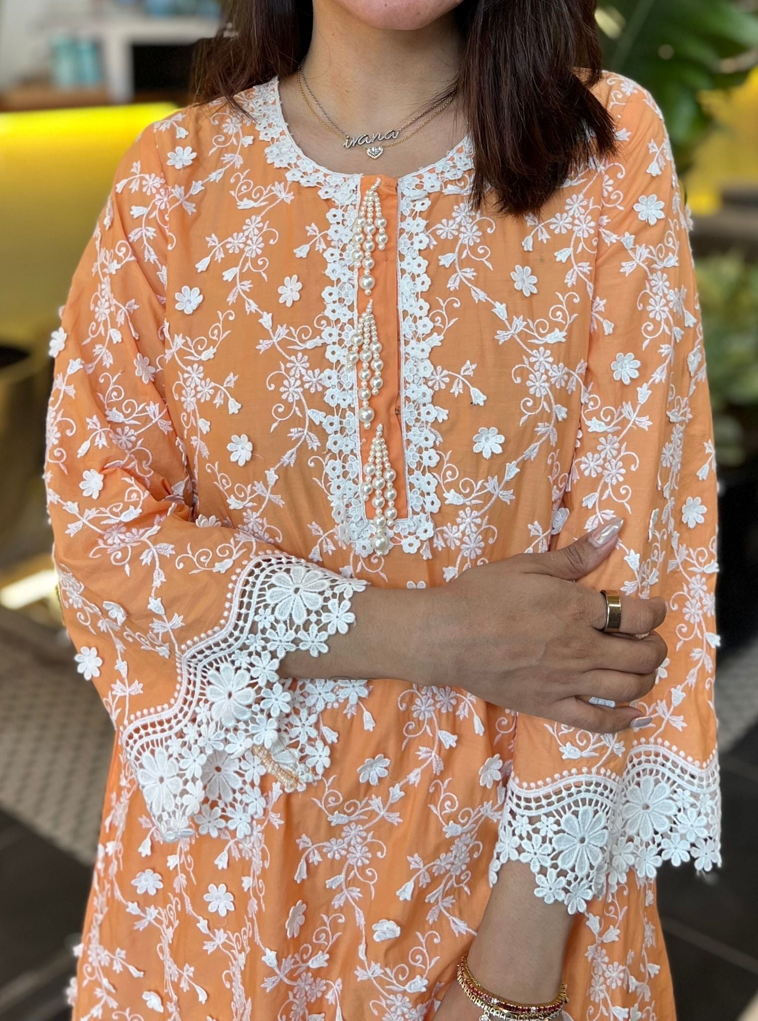 Mulmul Cotton BayBreeze Orange Kurta With Mulmul Organza Round Hem Panel White Pant