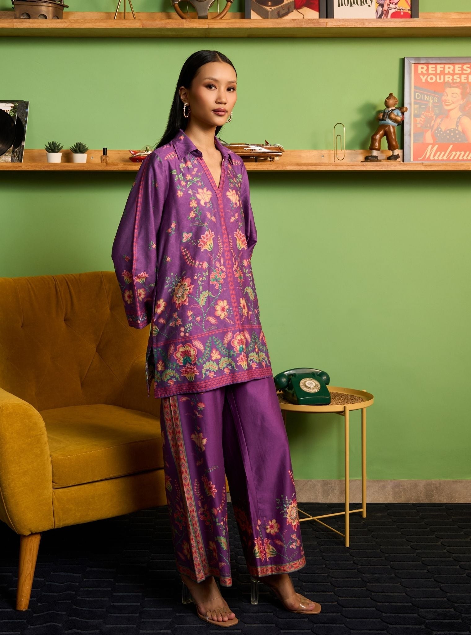 Zuni Pima Satin Purple Printed Top Set