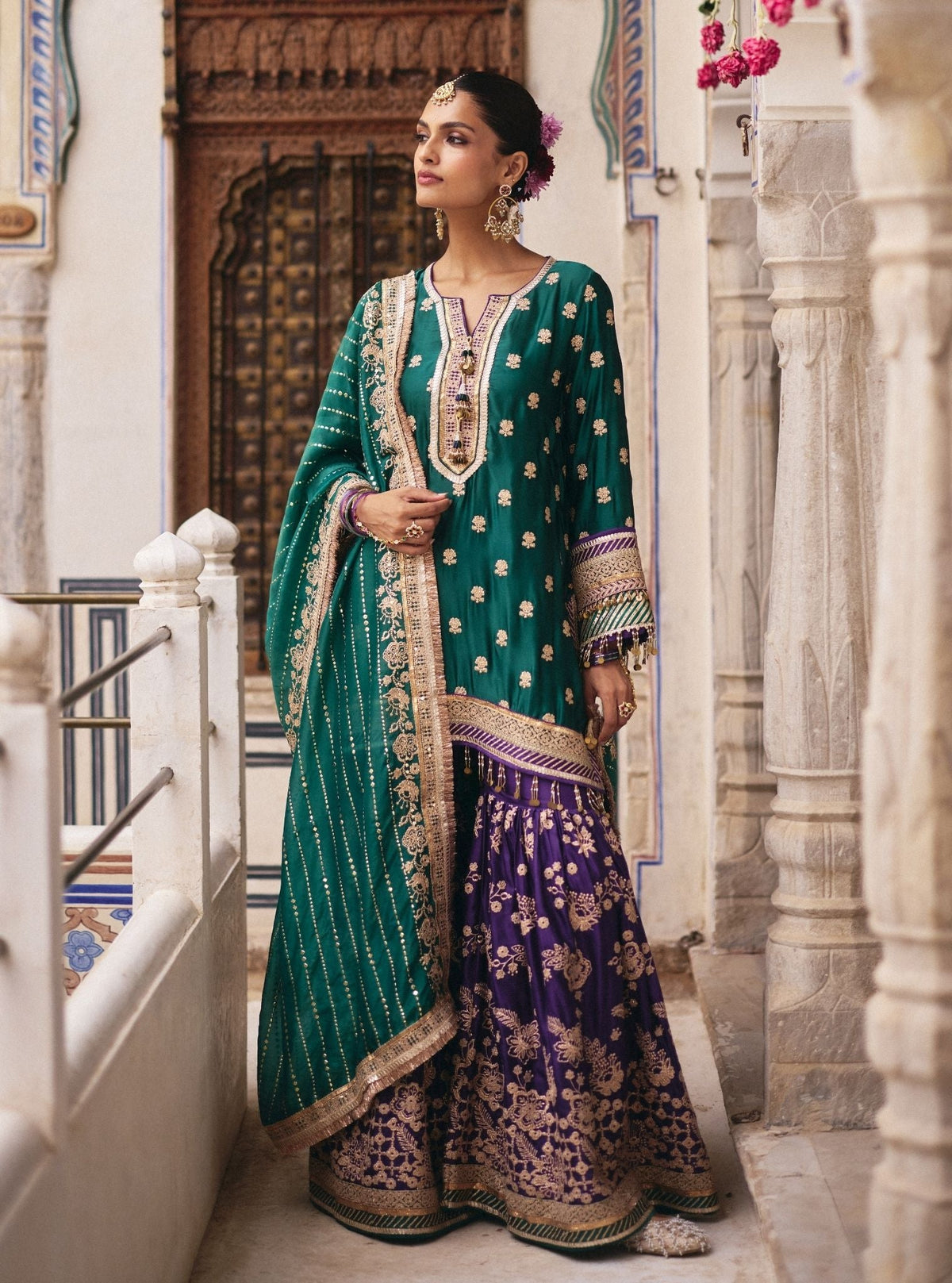 Surkhi Cupro Satin Emerald Green Kurta with Garara