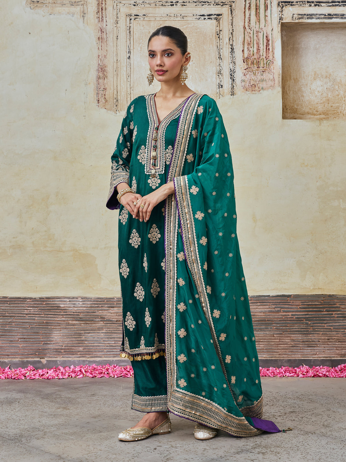 Bairi Bemberg Raw Silk Emerald Green Kurta Set