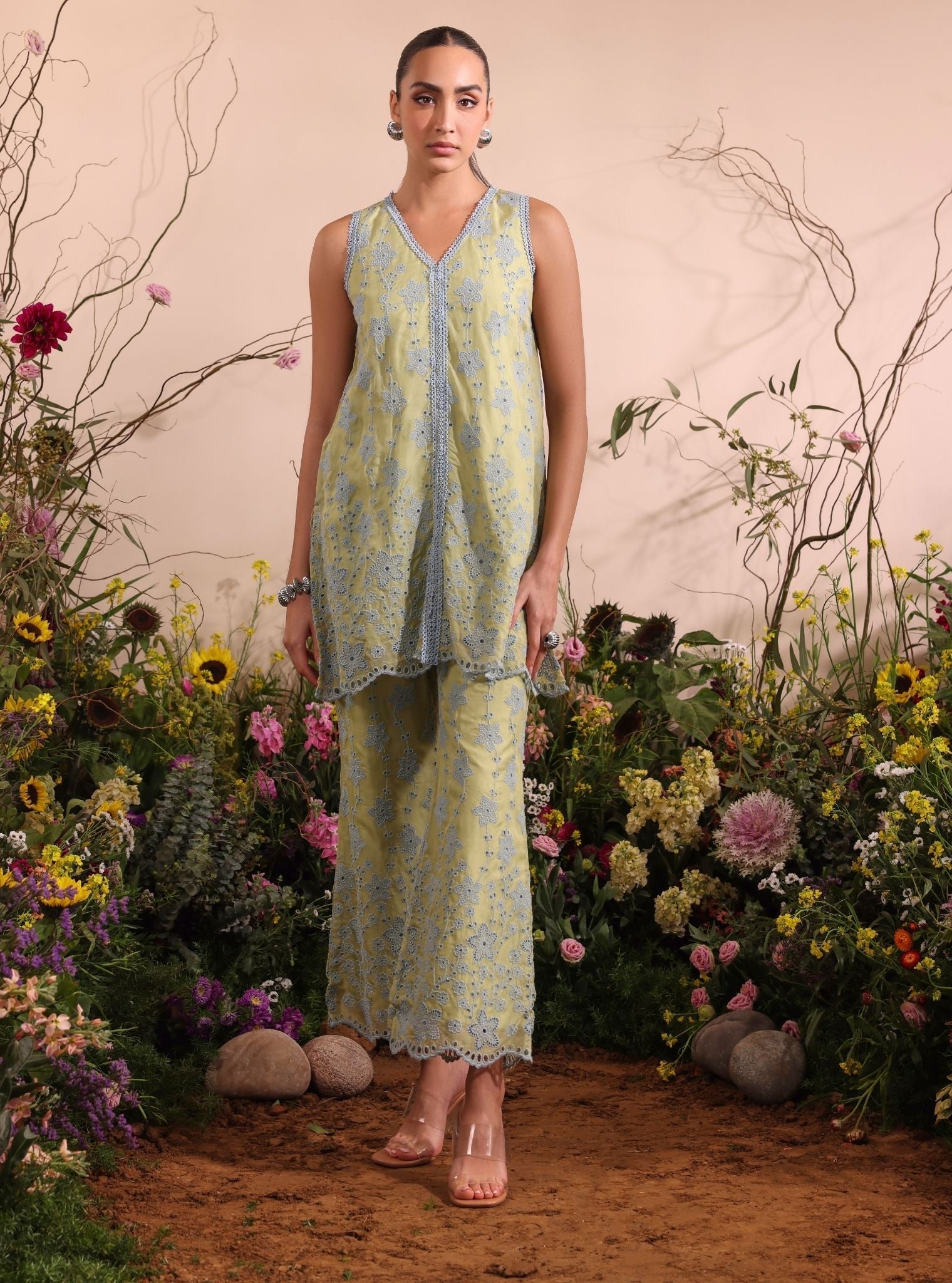 Mulmul Organza Viggo Lime Top With Mulmul Organza Viggo Lime Pant