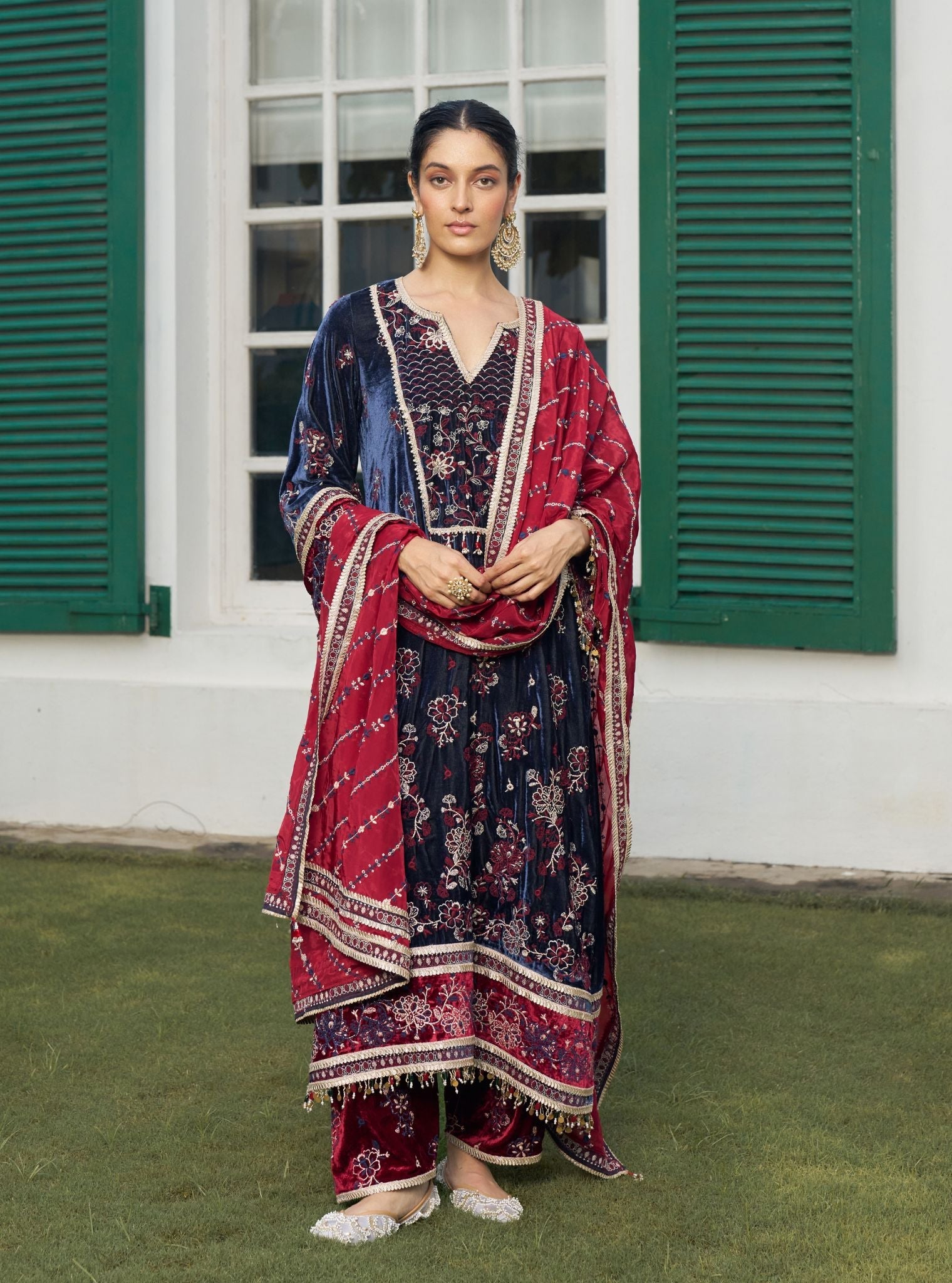 Dhun Velvet Navy Kurta with Wine Pant Set