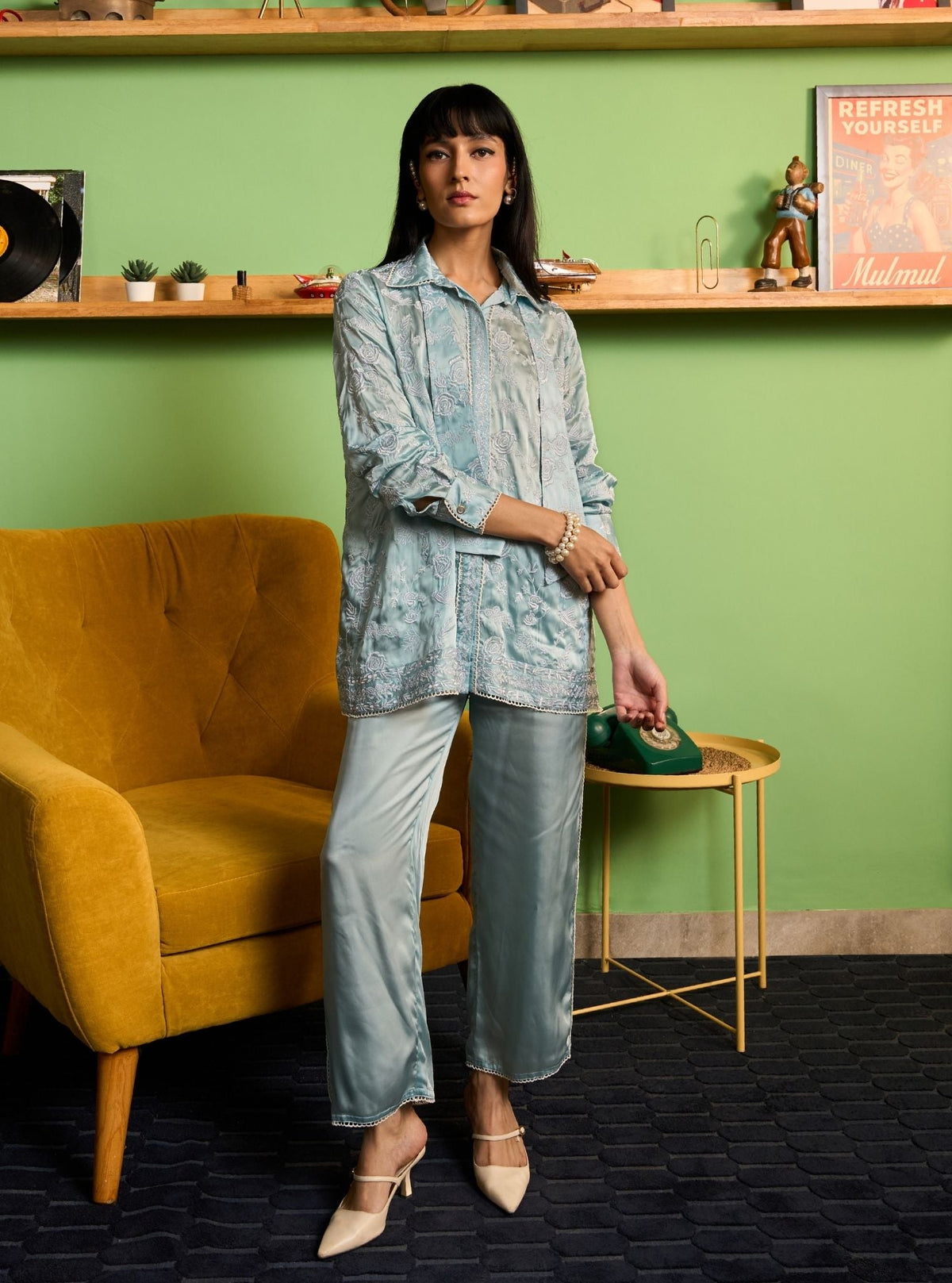 Zuvina Cupro Satin Blue Shirt Set