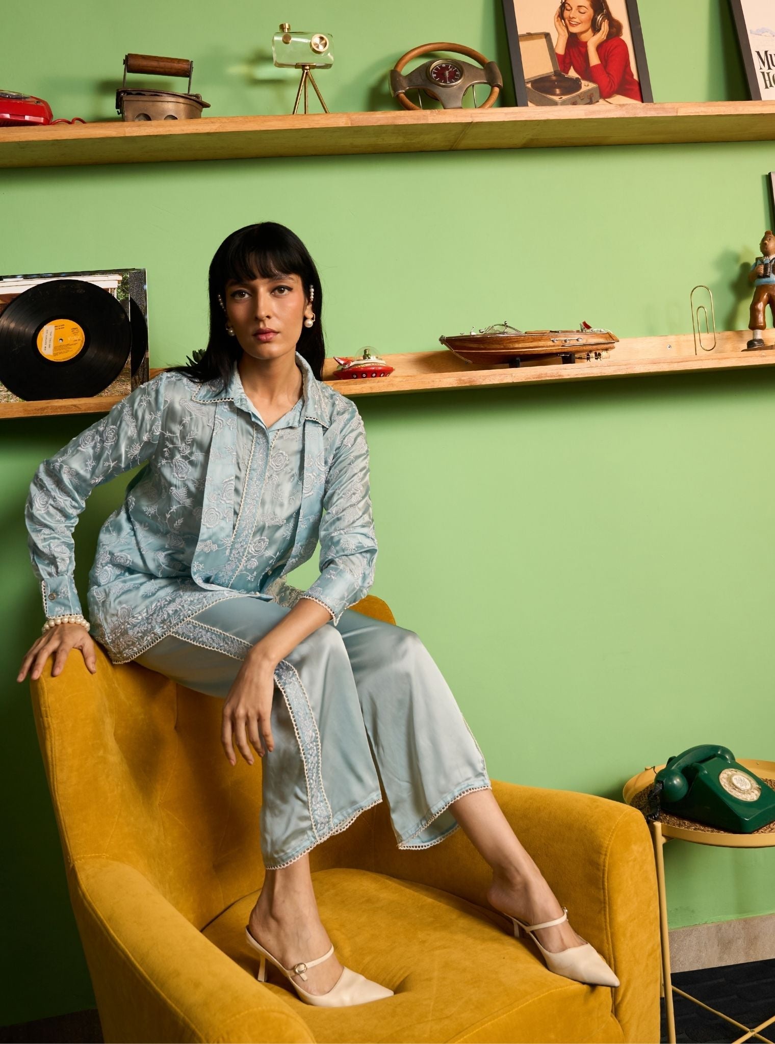 Zuvina Cupro Satin Blue Shirt Set