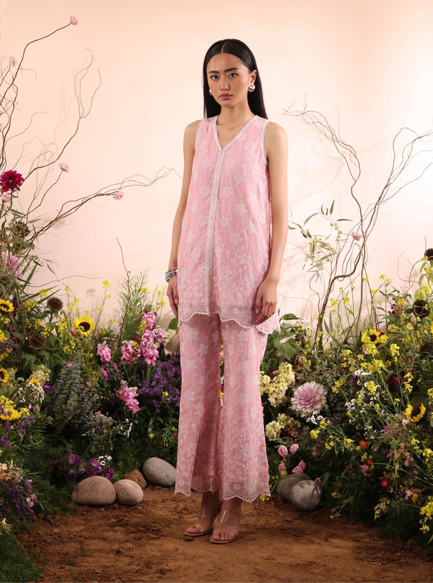 Mulmul Organza Viggo Pink Top With Mulmul Organza Viggo Pink Pant