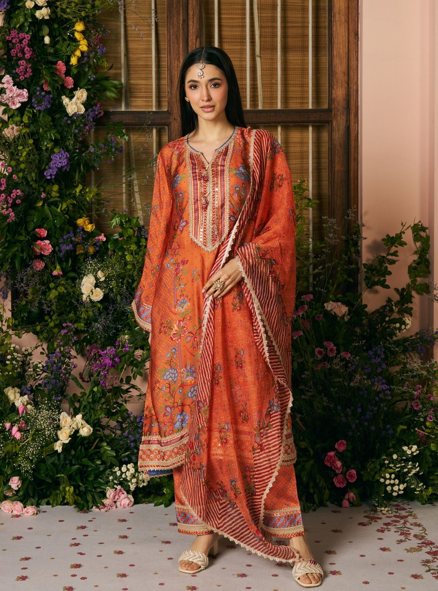 Akshi Cupro Satin Printed Orange Kurta Set