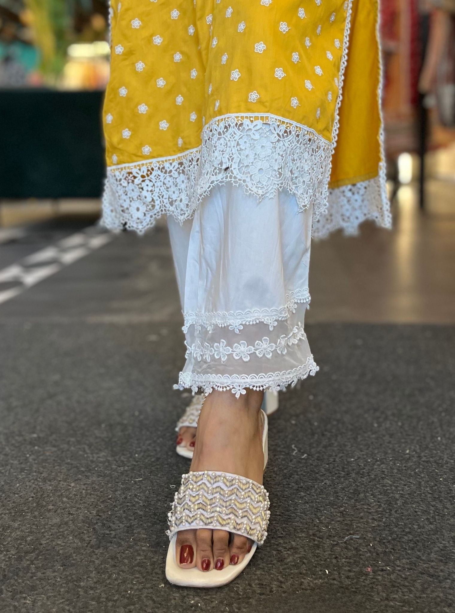 Mulmul Pima Paulie Yellow Kurta With Mulmul Cotton Rounded Hem White Pyajama