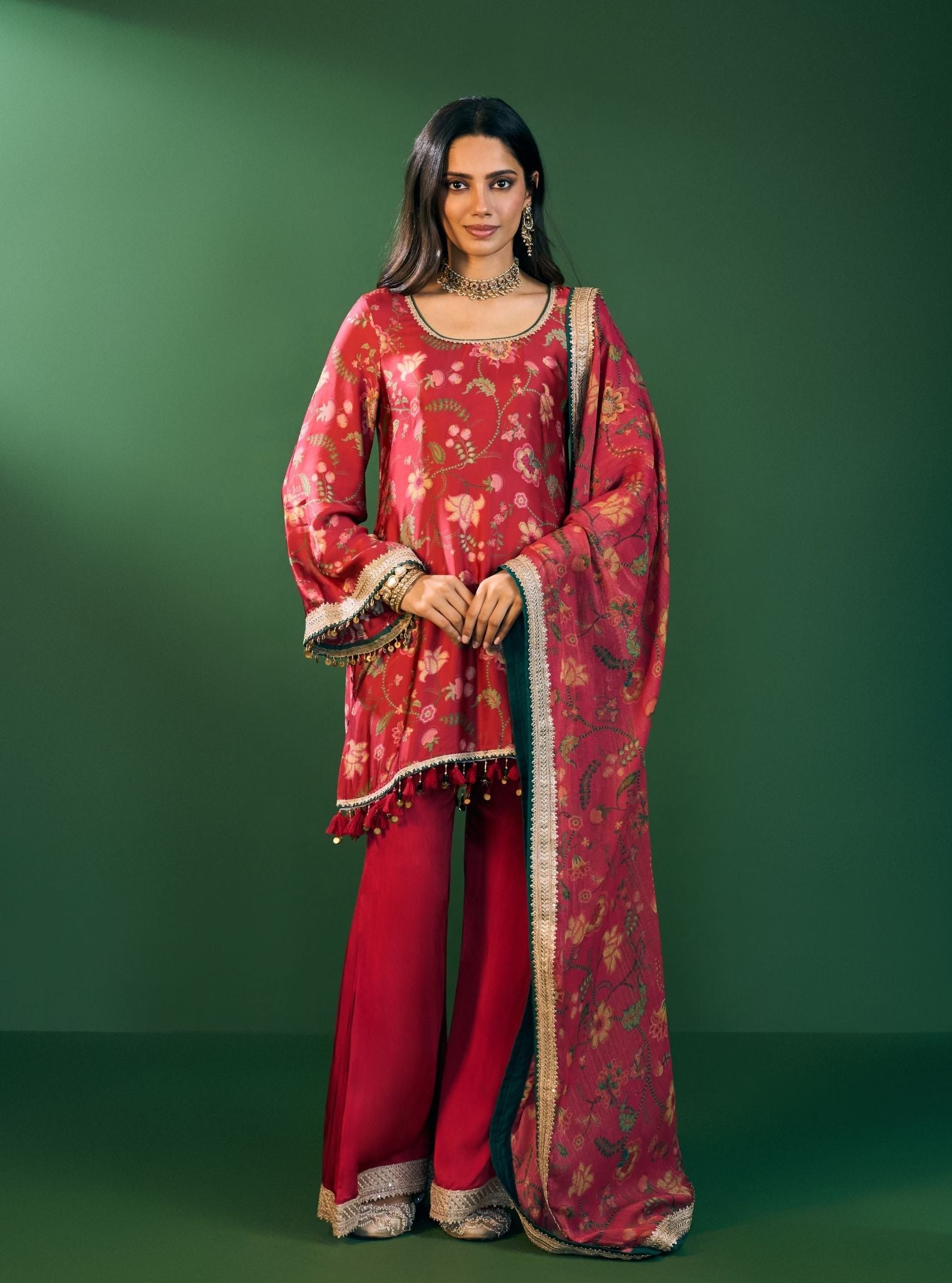Arvi Cupro Satin Red Kurta Set