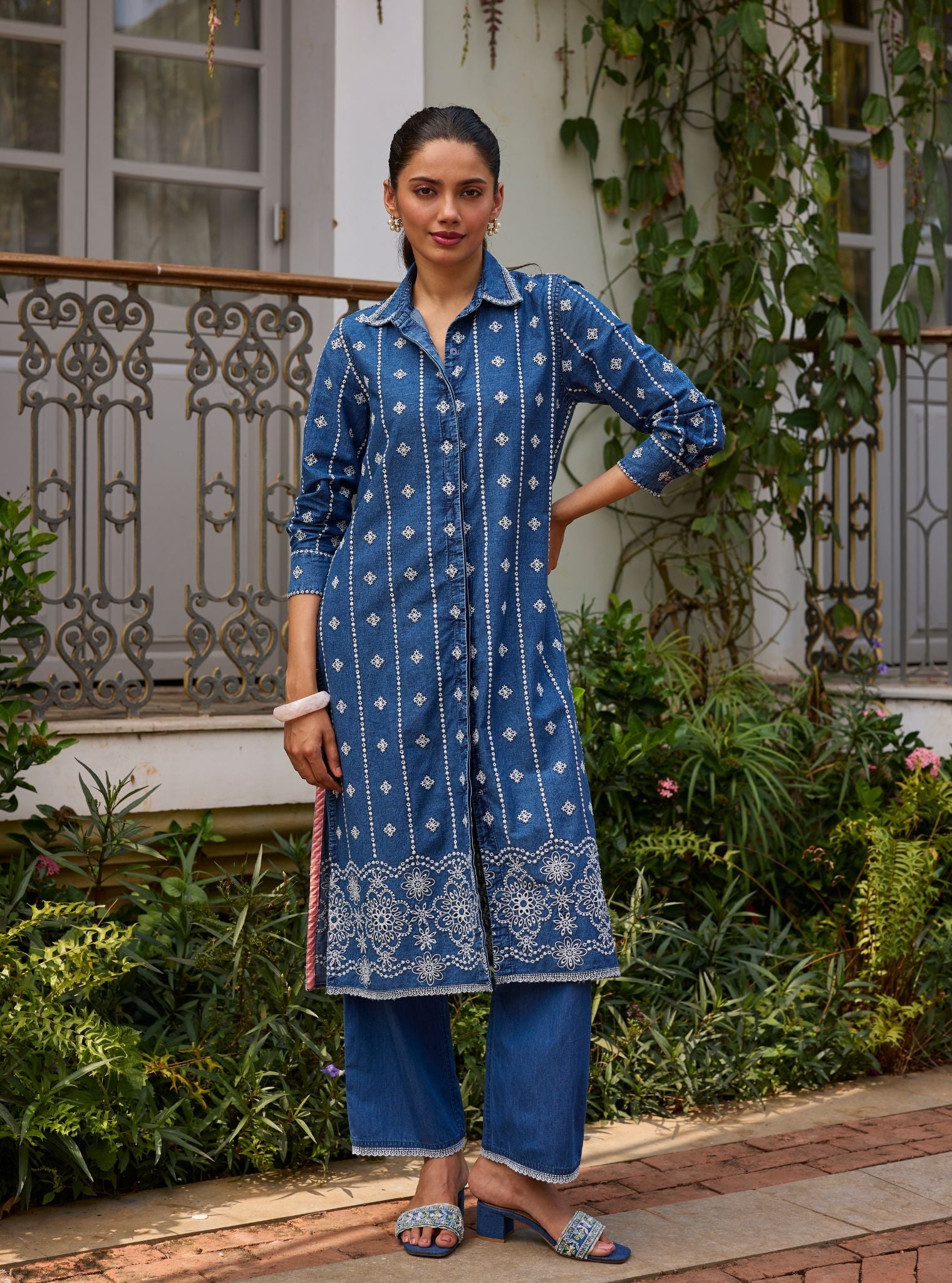 Veena Denim Long Shirt Set