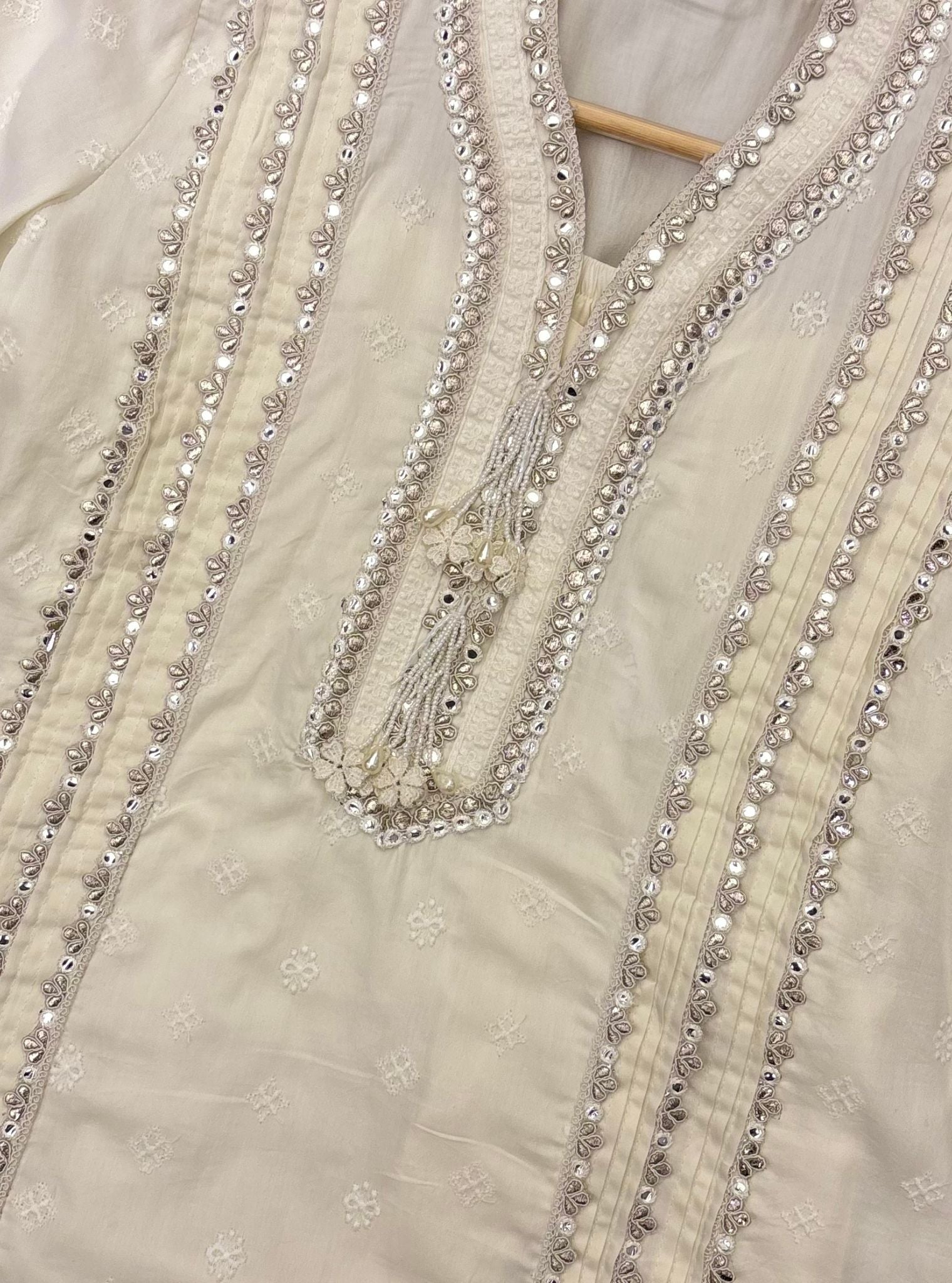 Rupa Organza Off White Anarkali Kurta with Pima Satin Off White Pant Set