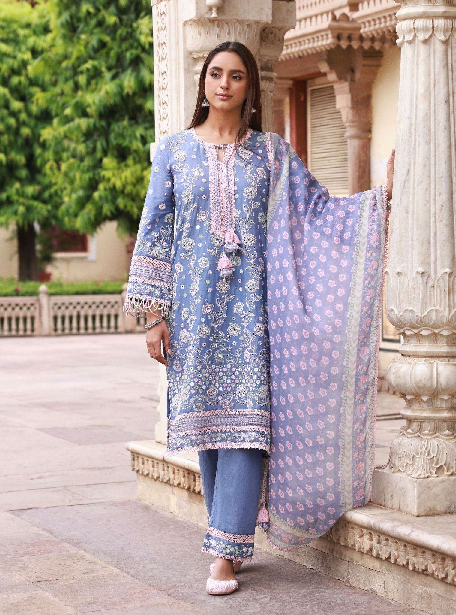 Mulmul Organza Printed Avarni Denim Dupatta