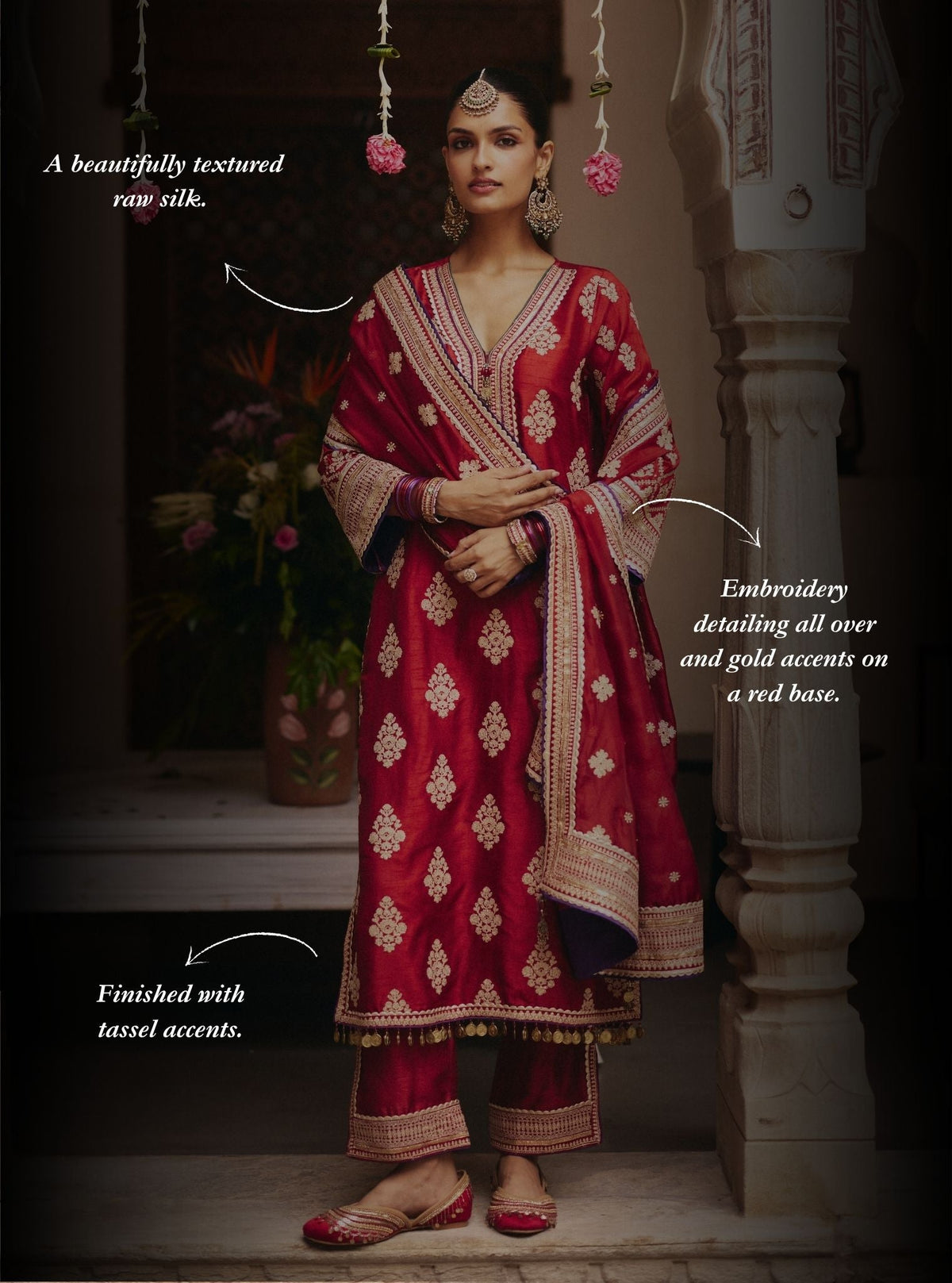 Bairi Bemberg Raw Silk Red Kurta Set