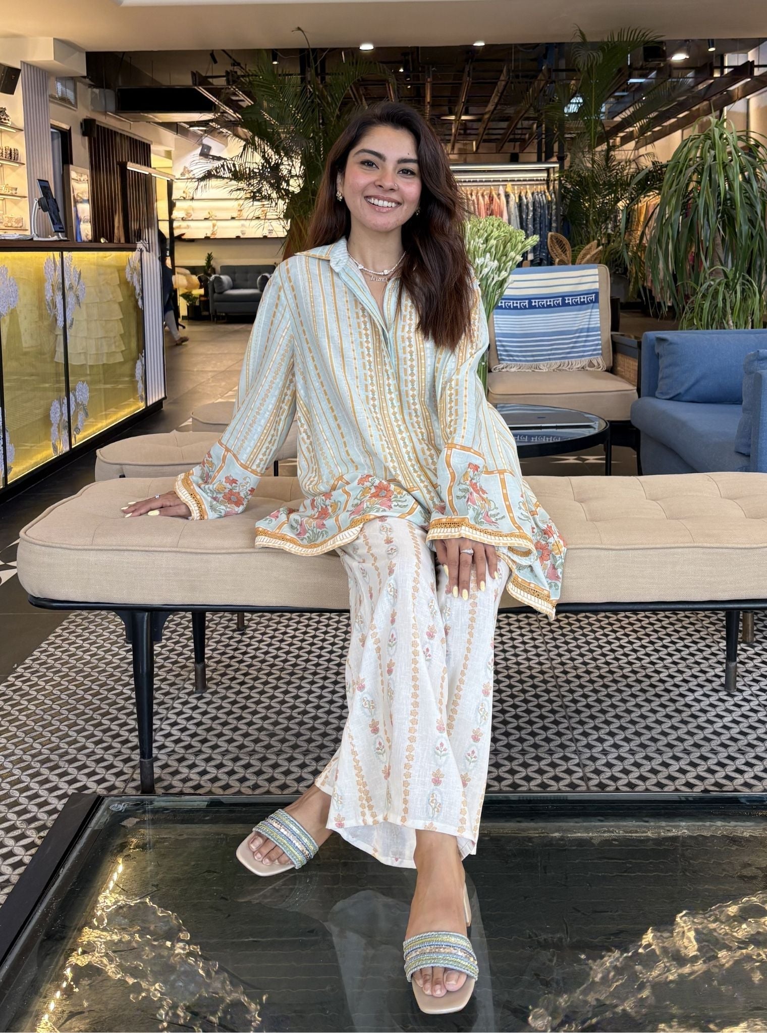 Ela Linen Printed Light Blue Shirt Set