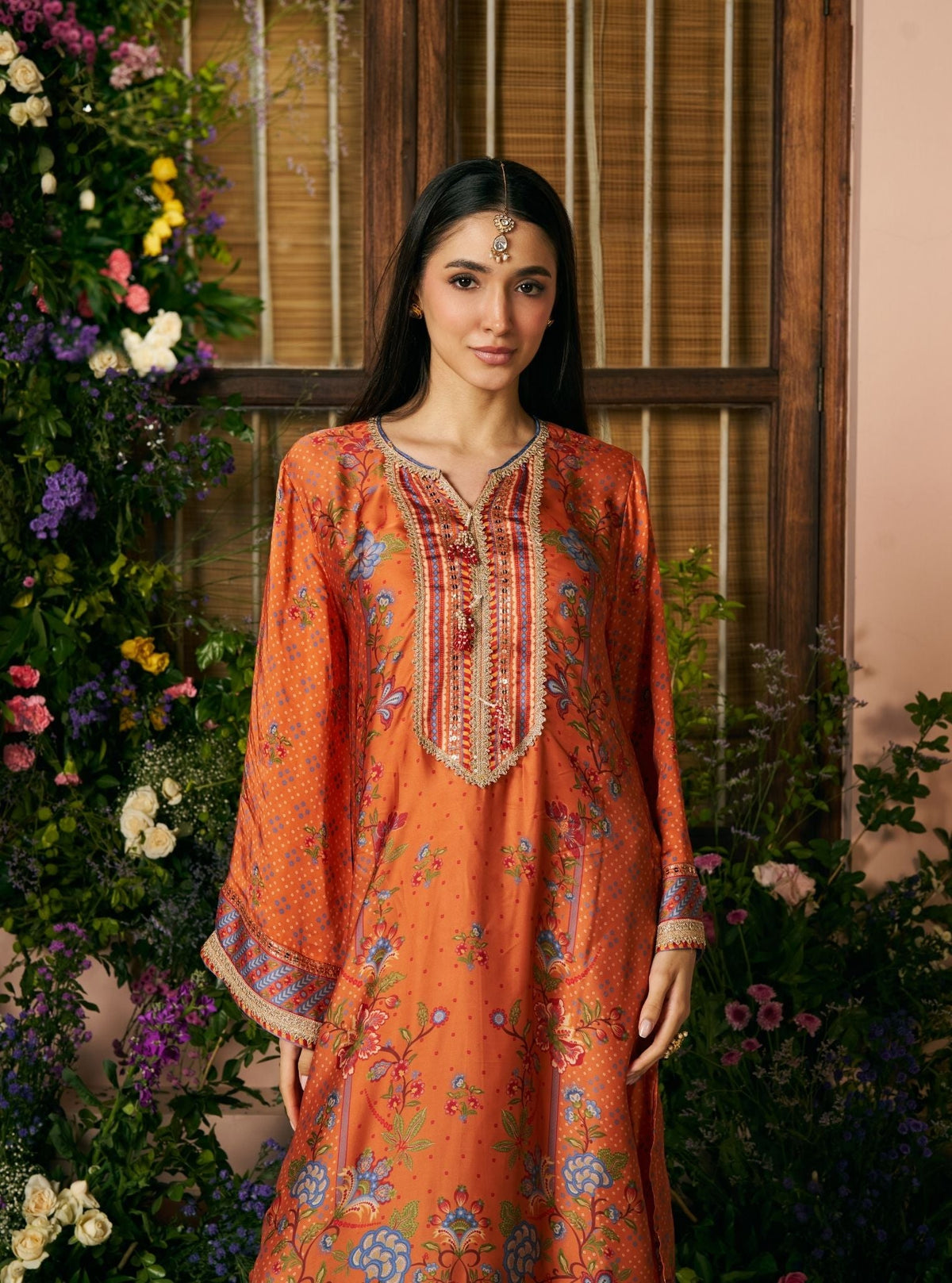 Akshi Cupro Satin Printed Orange Kurta Set