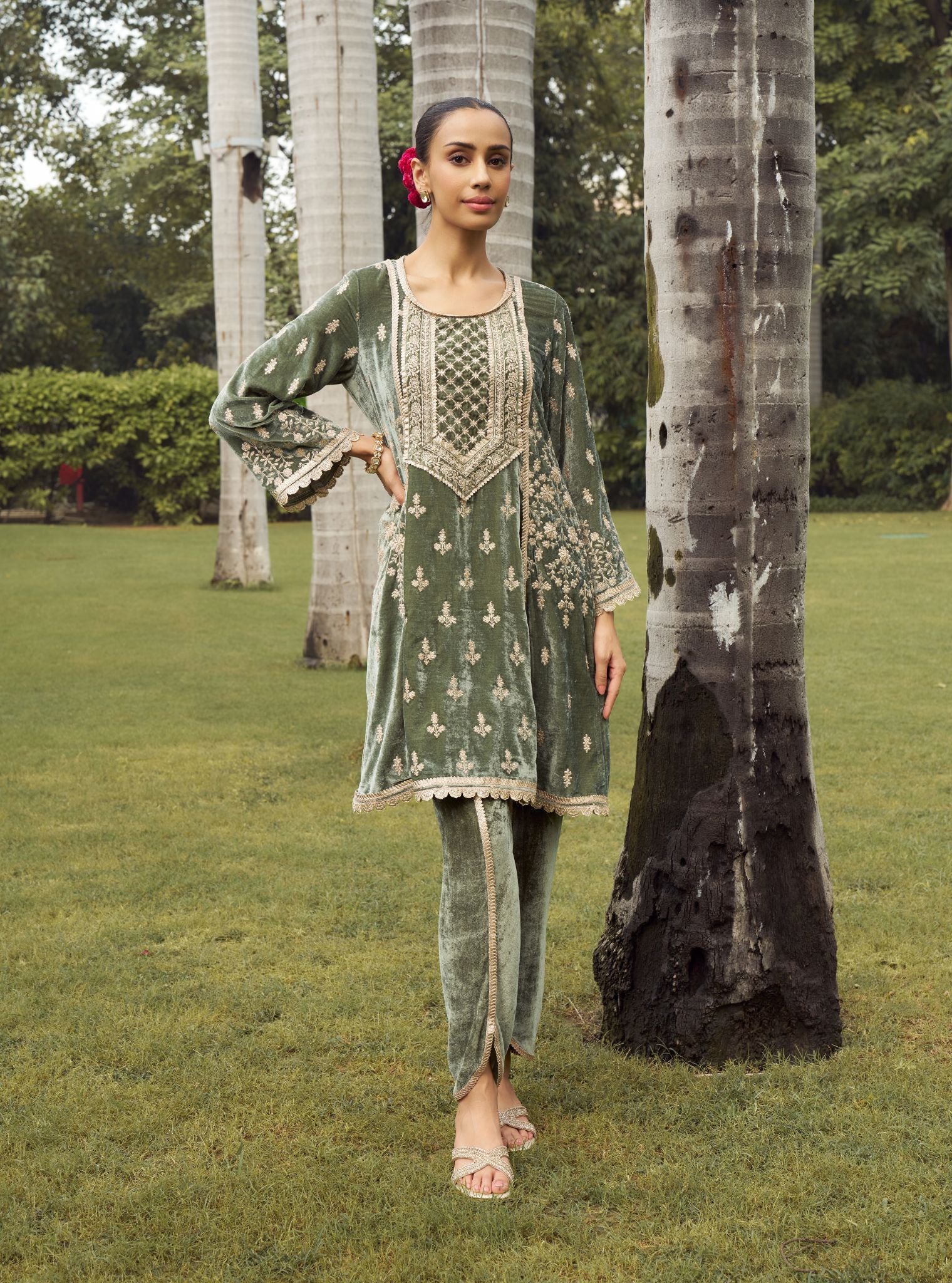 Shayari Velvet Olive Green Kurta with Dhoti Pant Set