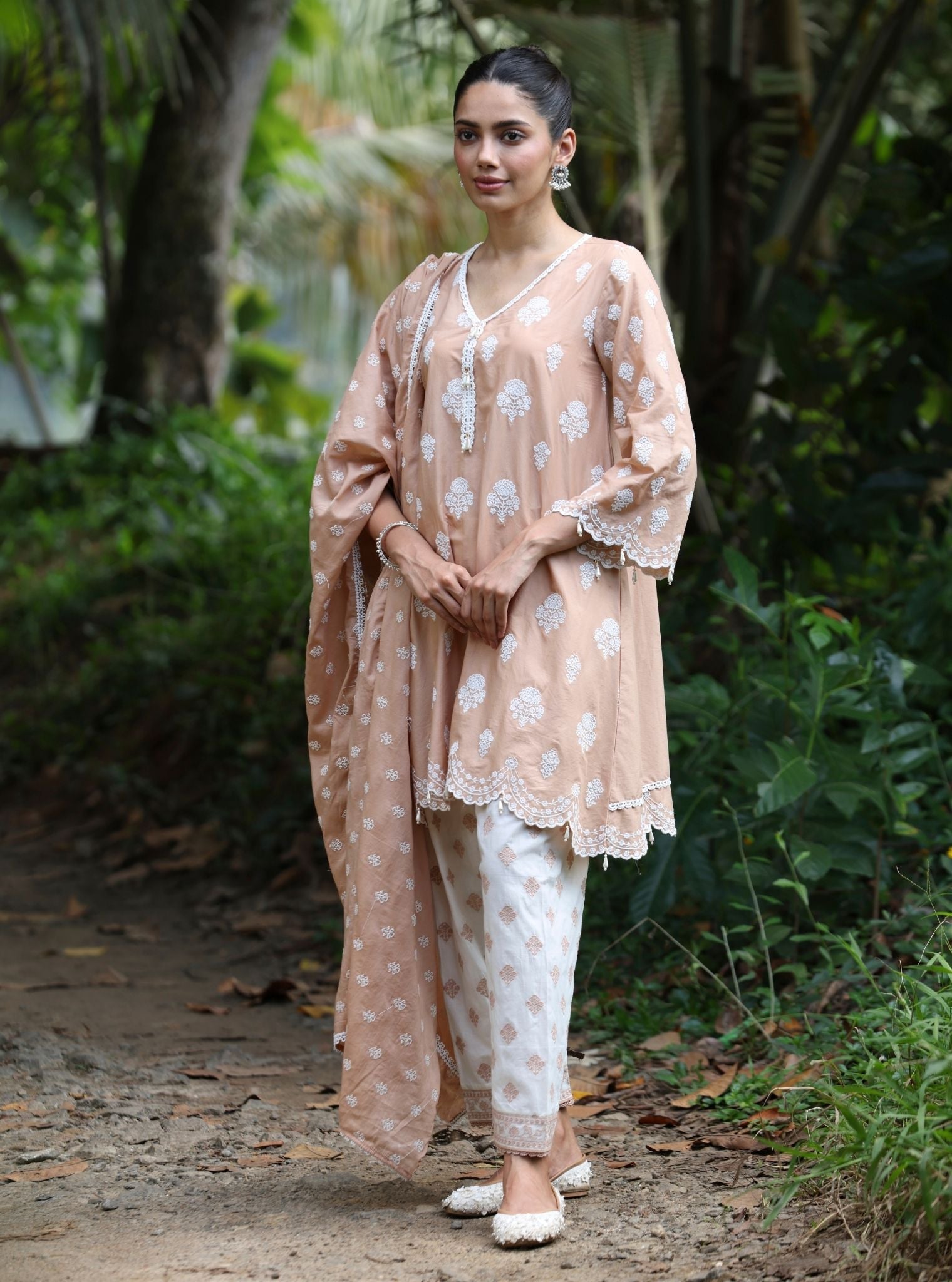 Mulmul Cotton Abana Caramel Brown Kurta With Mulmul Cotton Abana White + Caramel Brown Salwar