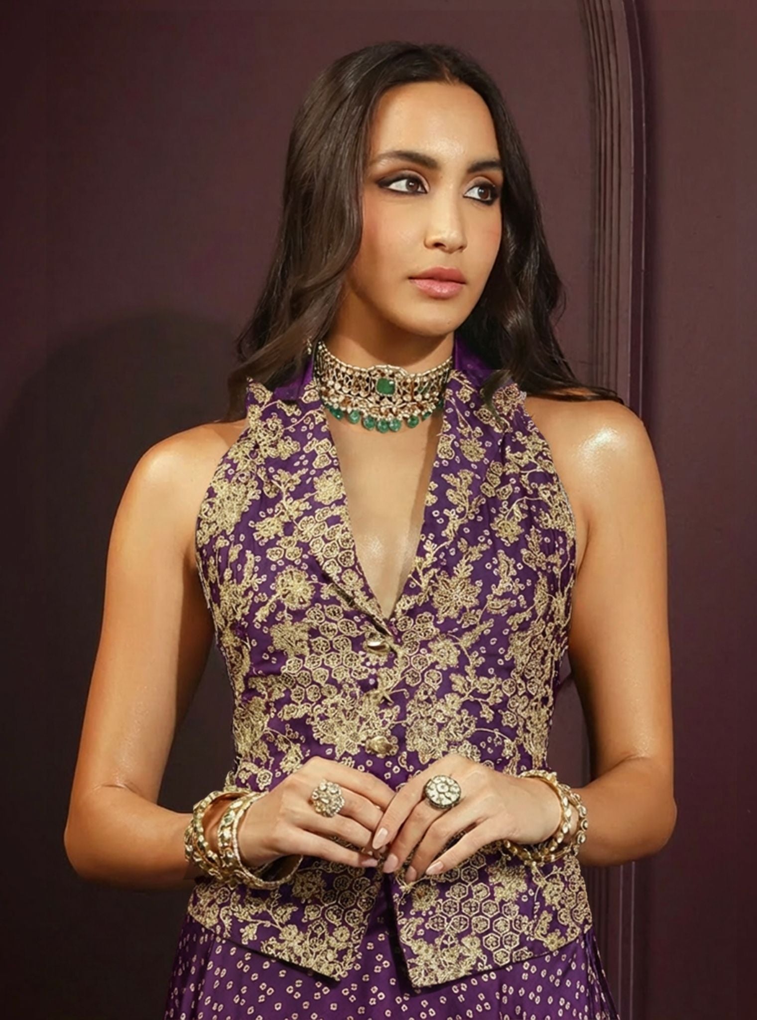 Kuhu Cupro Satin Printed Purple Waistcoat with Wide Pleated Skirt