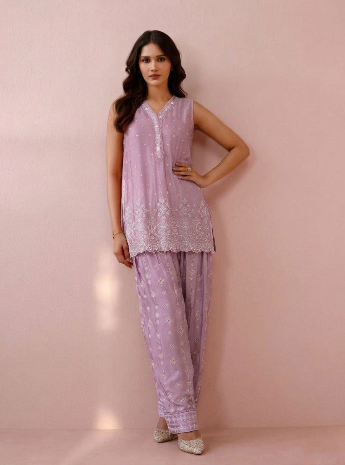 Novie Pima Satin Pink Kurta Set