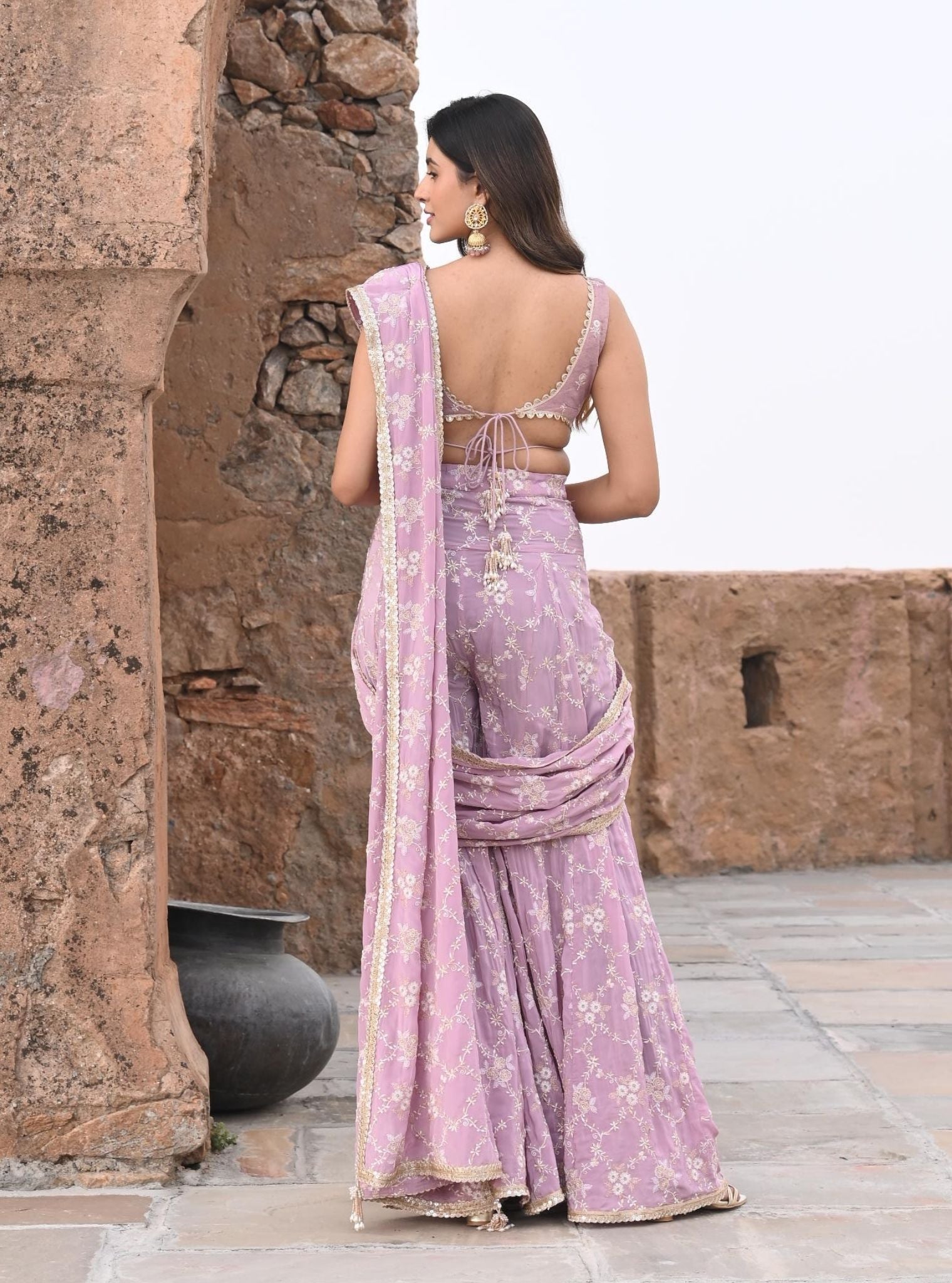 Raahi Crepe Lilac Pre-Stitched Saree