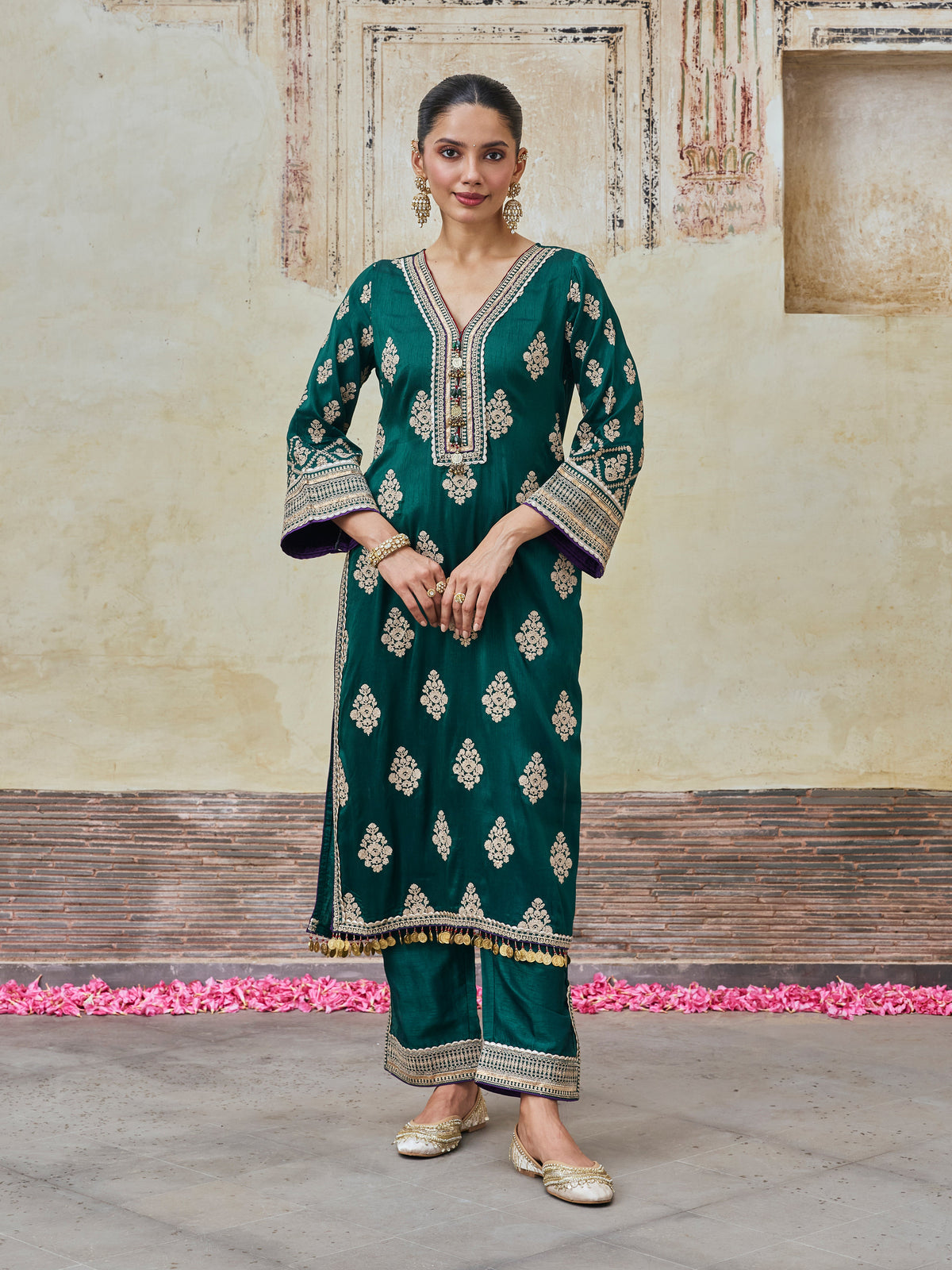 Bairi Bemberg Raw Silk Emerald Green Kurta Set