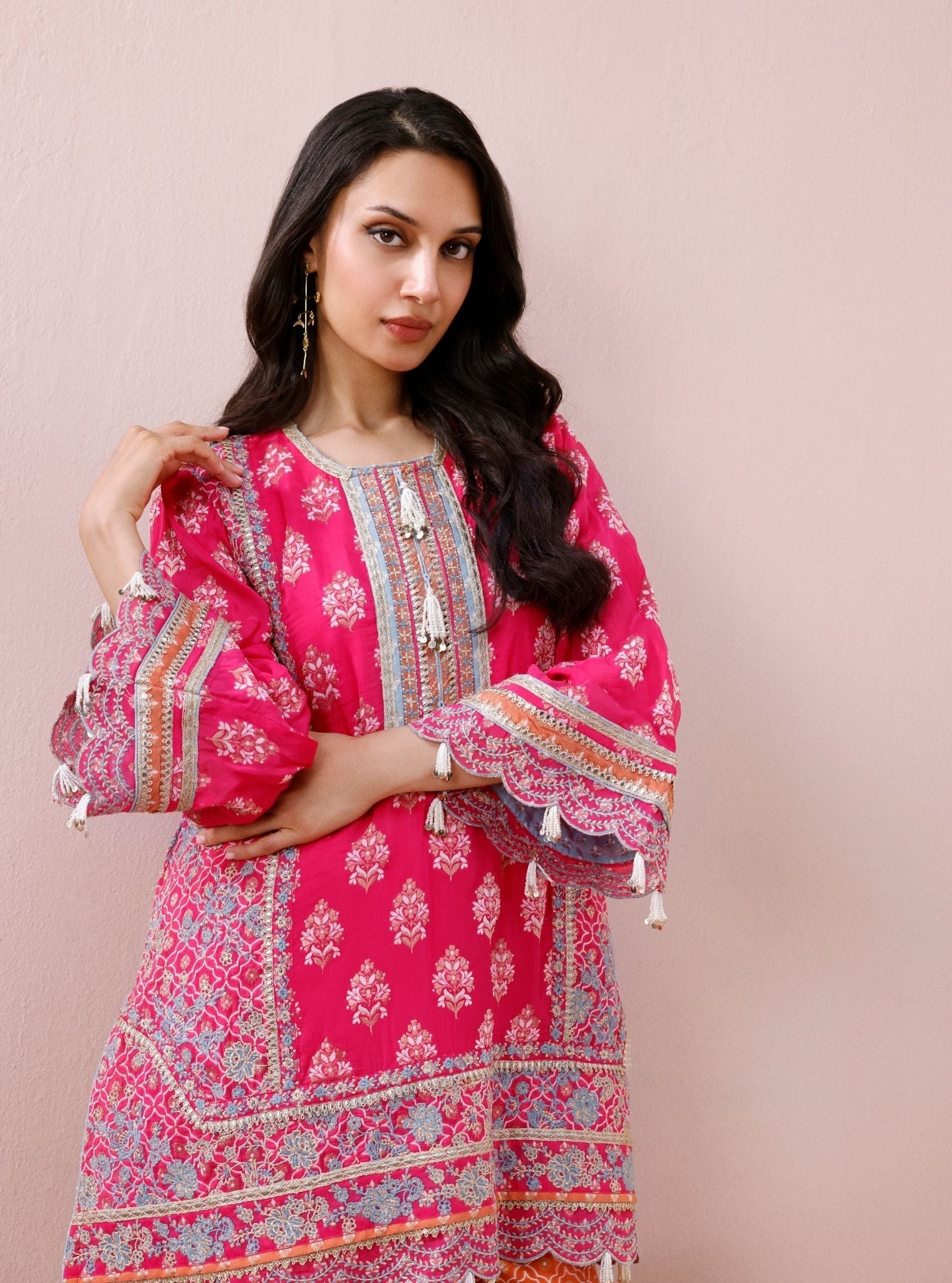 Nami Banarsi Fuchsia Short Kurta with Wide Pants