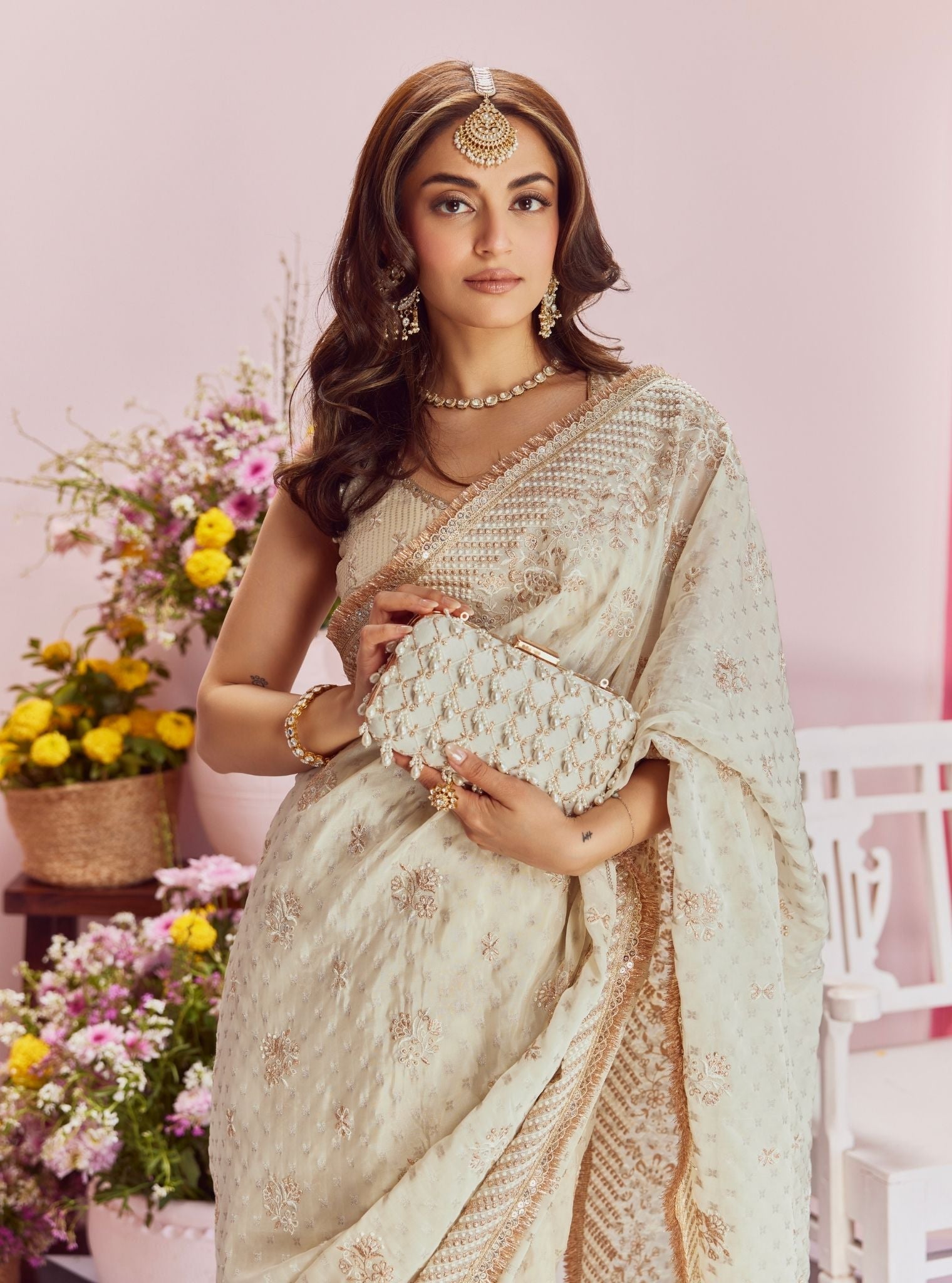 Mulmul Banarsi lagan Off White Saree