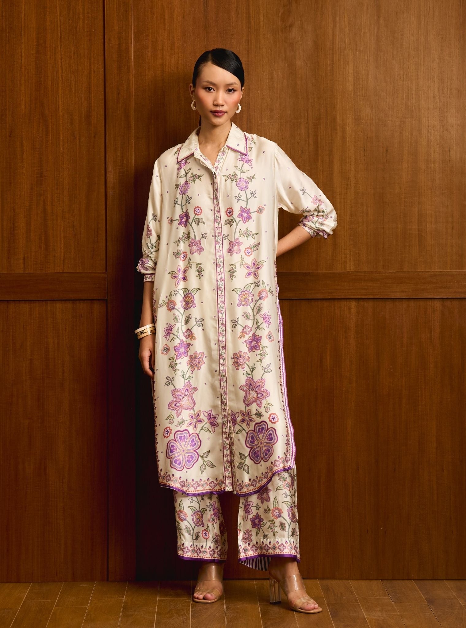 Mrina Cupro Satin Off White Shirt Set