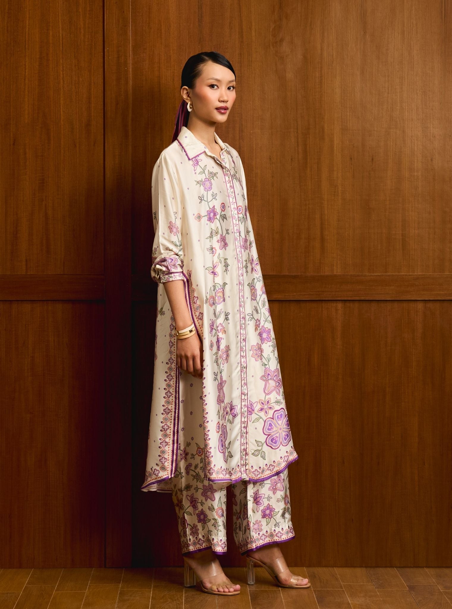 Mrina Cupro Satin Off White Shirt Set