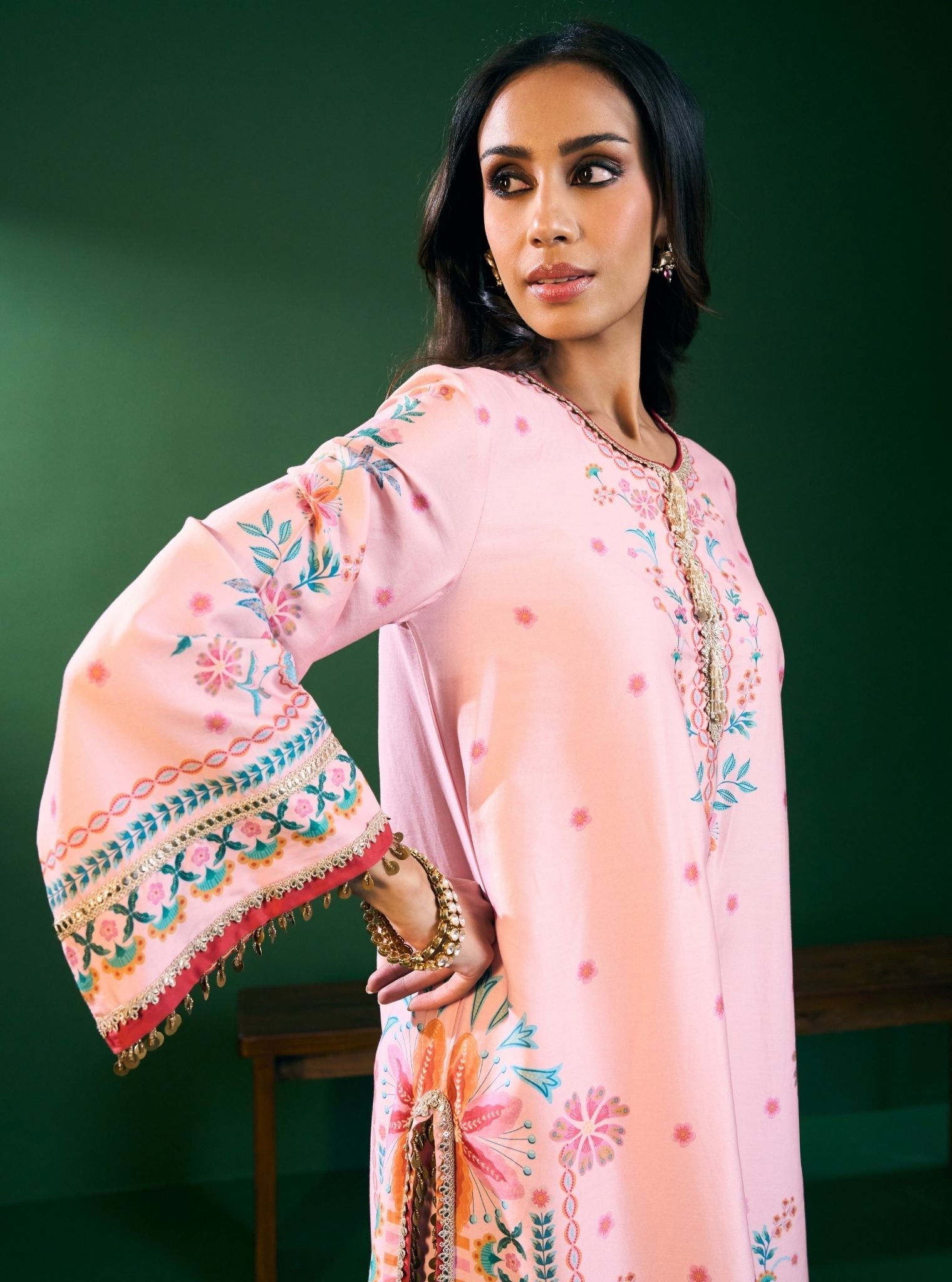 Omira Pima Satin Printed Pink Kurta Set