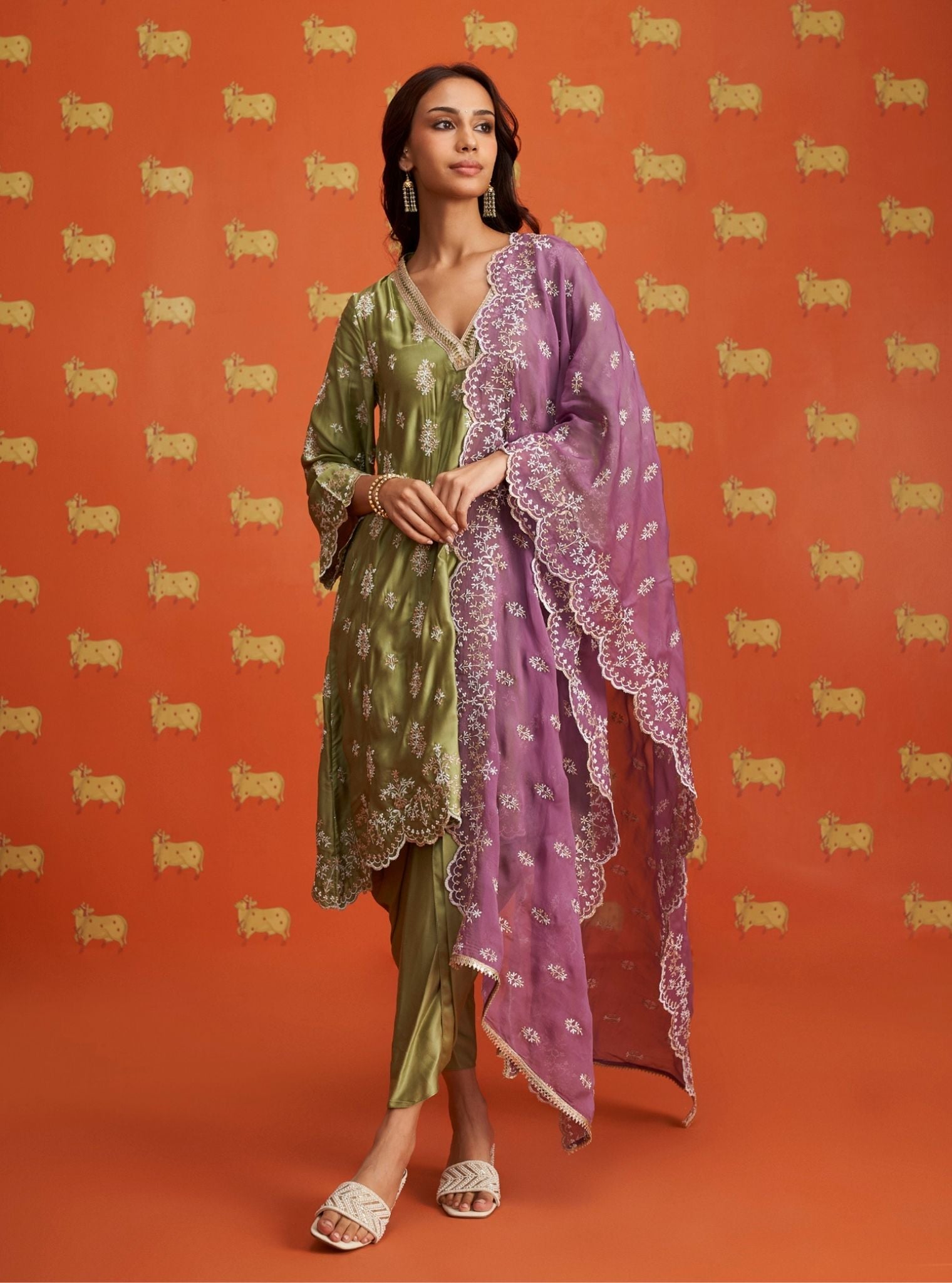 Callaia Cupro Satin Moss Green Kurta Set