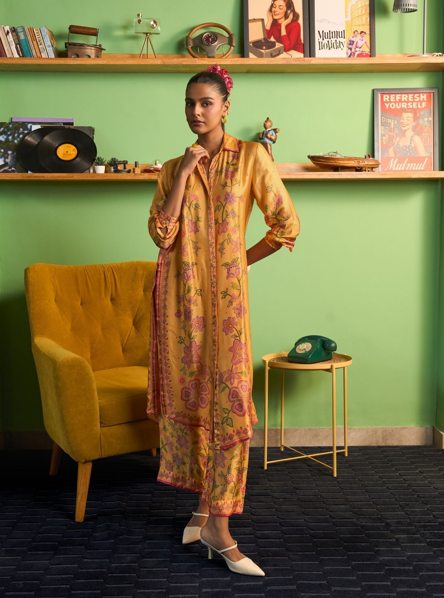 Mrina Cupro Satin Mustard Shirt Set