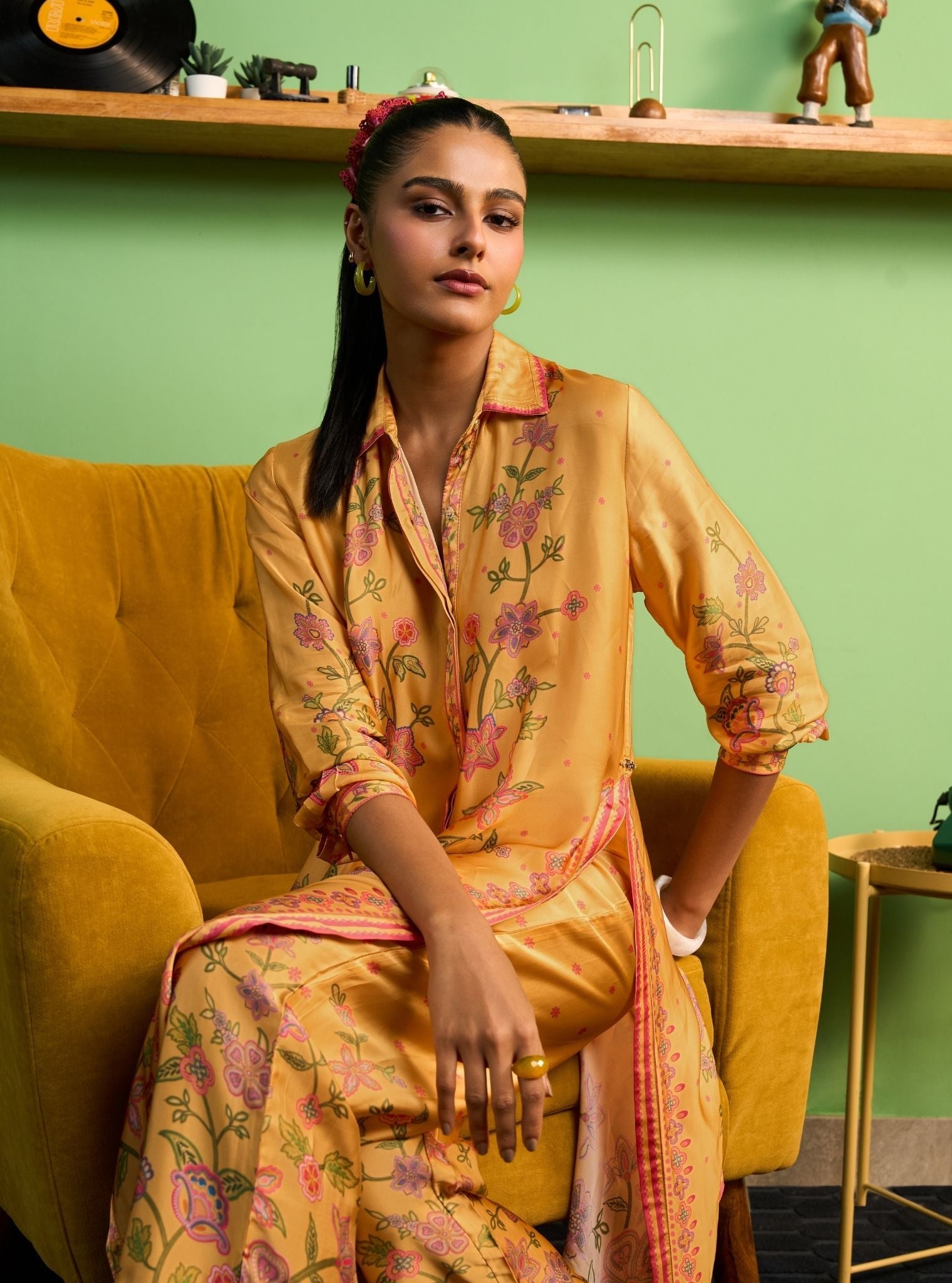 Mrina Cupro Satin Mustard Shirt Set