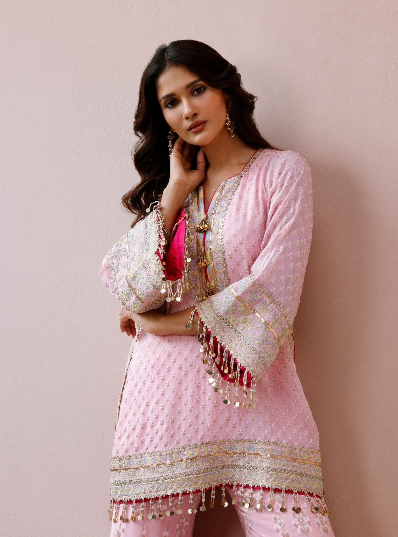 Nori Banarsi Pink Short Kurta with Sharara