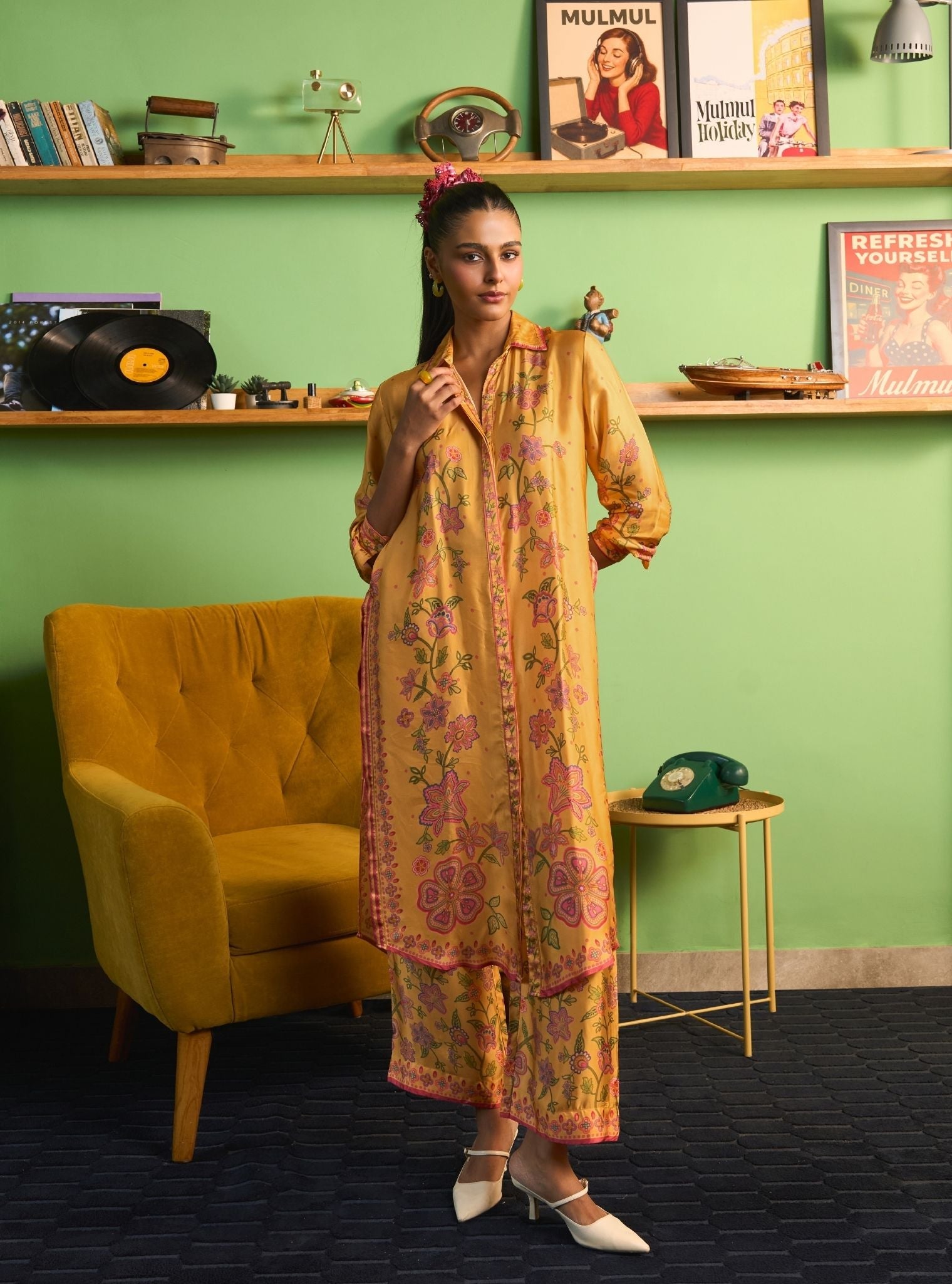 Mrina Cupro Satin Mustard Shirt Set